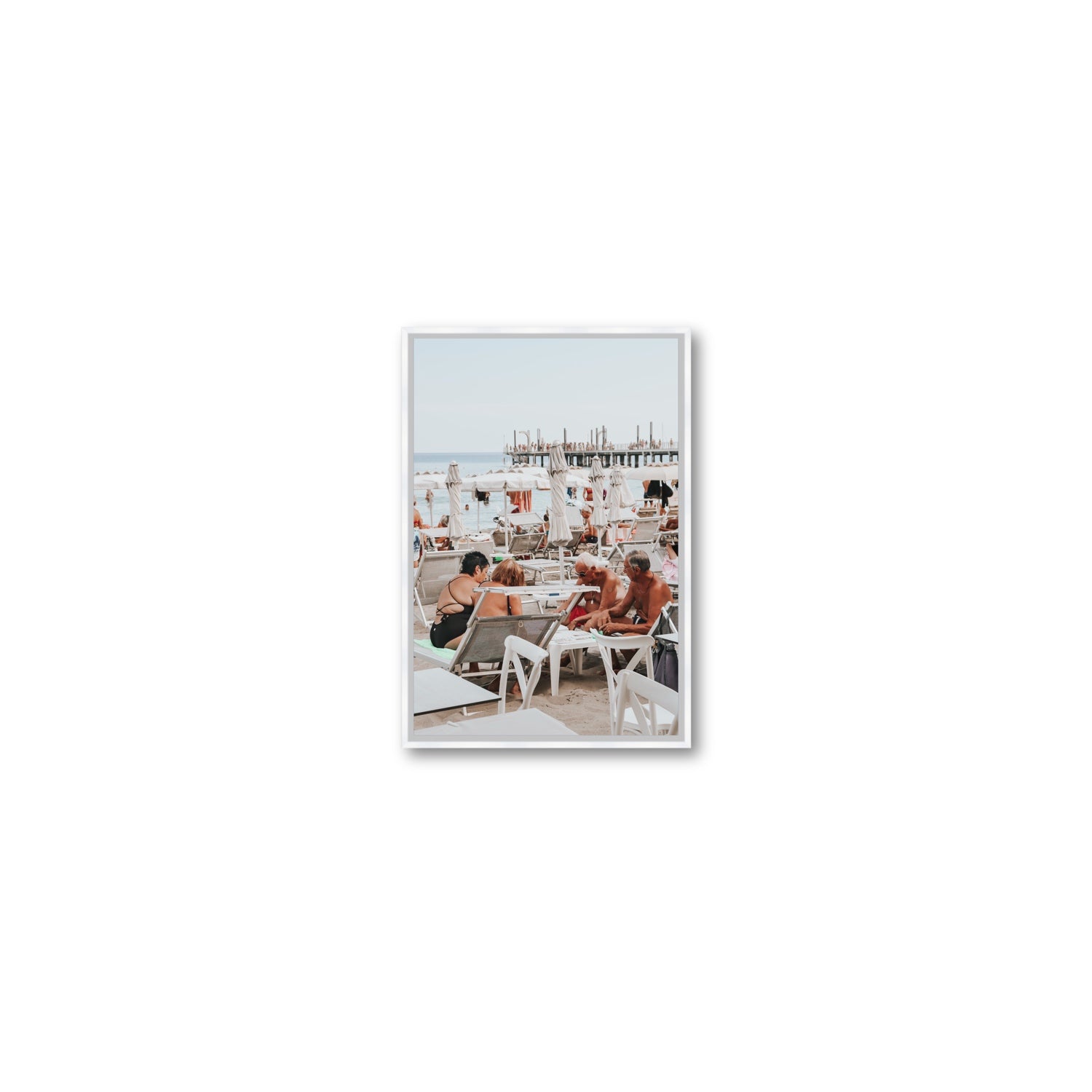 Salted Shuffle fine art print, Alassio, Italy, people and locals artwork, Small, White Float Frame, Fine Art Canvas