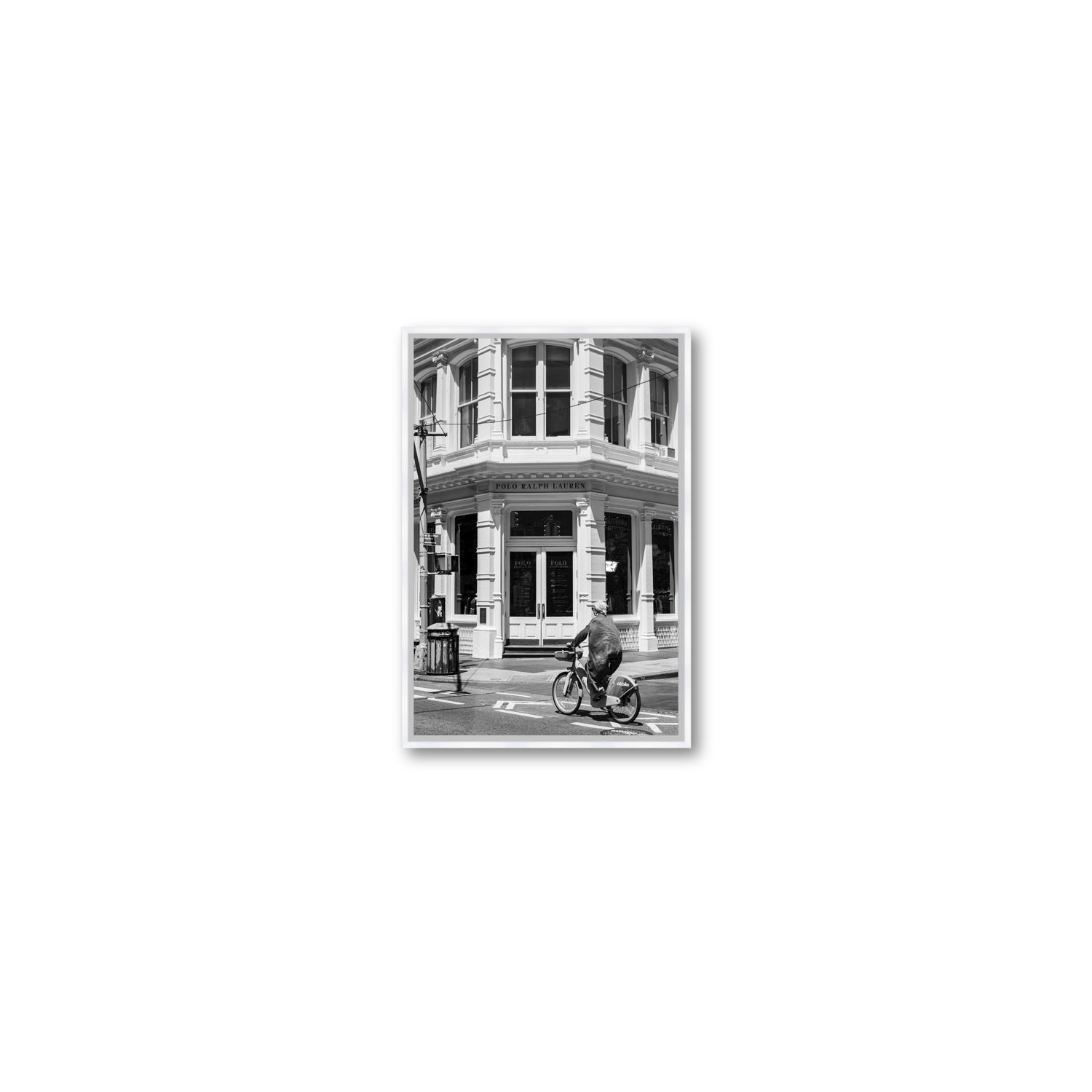 Downtown Rider New York NYC Black & White wall art Small fine art canvas in white float frame