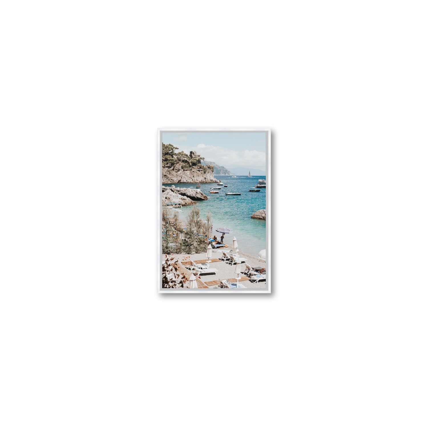 Sizzling Summer Days Amalfi coastal wall art Small fine art canvas in white float frame