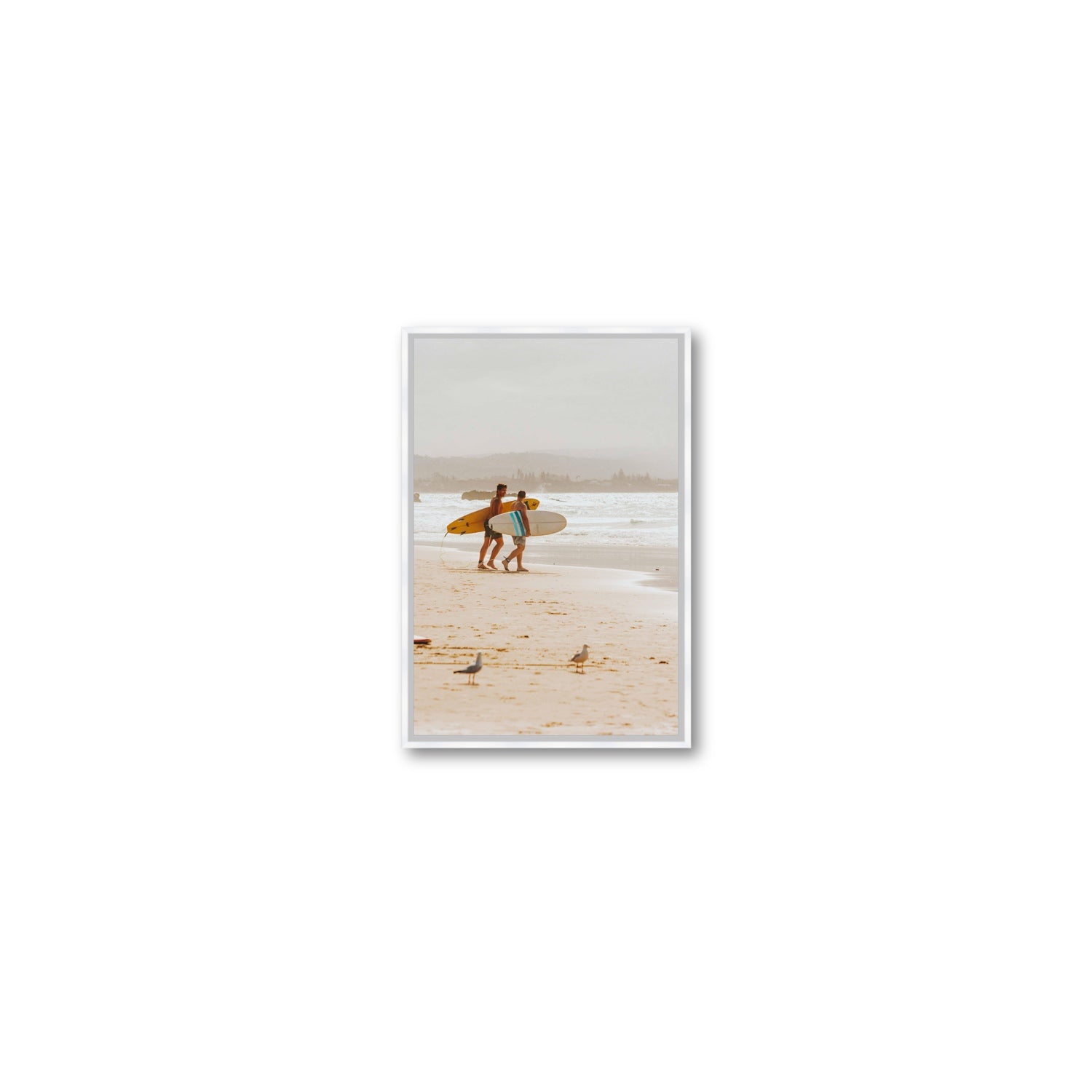 Shane & Benji Byron Bay Surf coastal wall art Small fine art canvas in white float frame