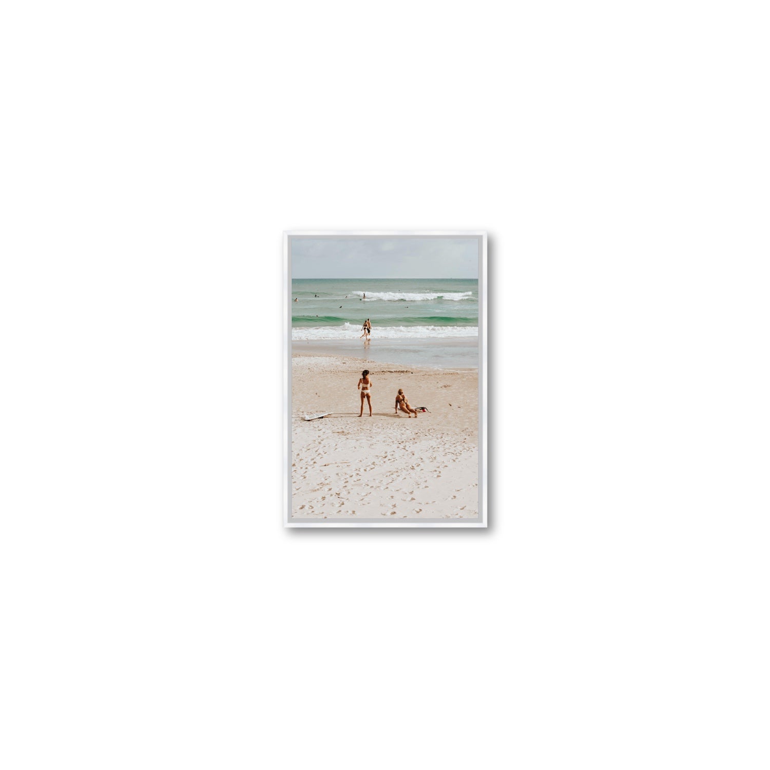 Gidget & Betty Byron Bay beach coastal wall art Small fine art canvas in white float frame