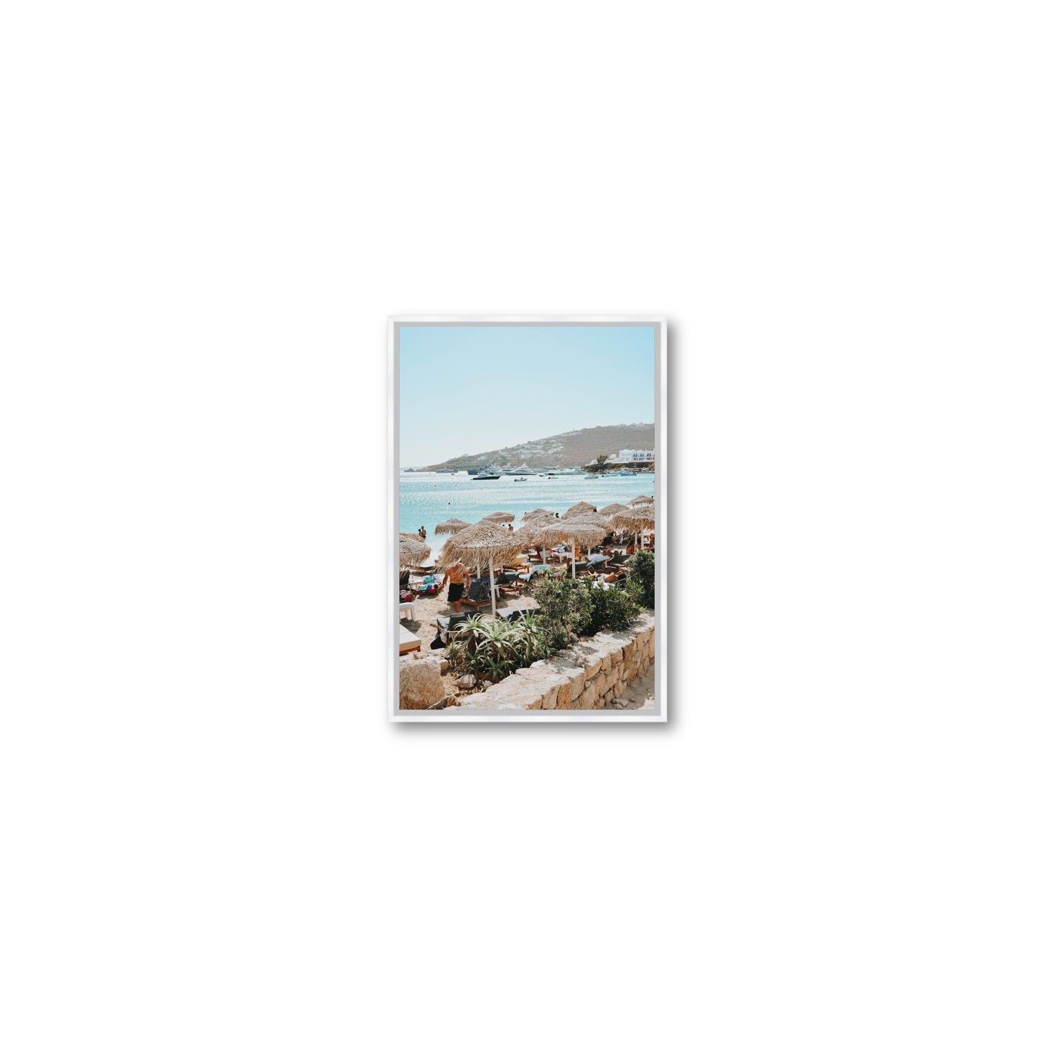 Beachside Huts Mykonos Greek island wall art Small fine art canvas in white float frame