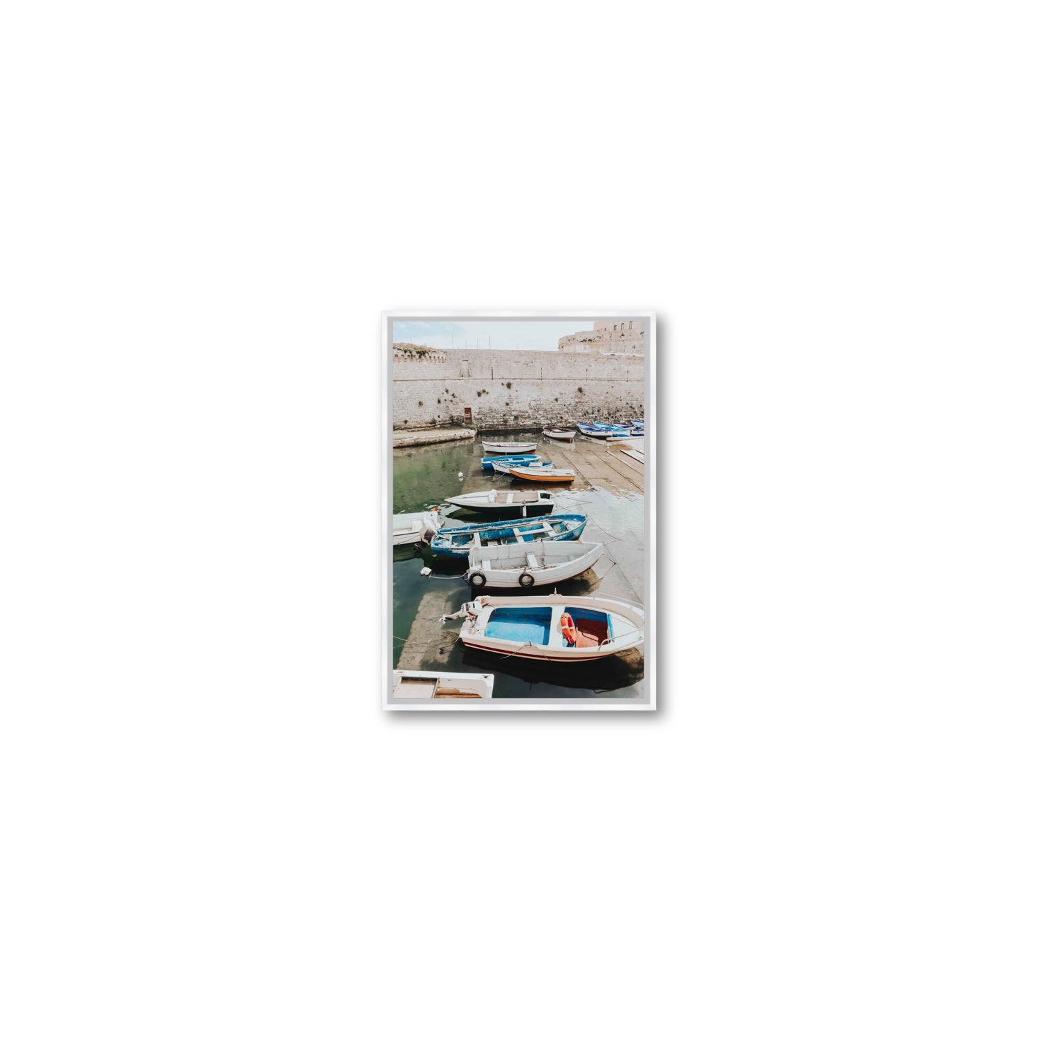 Harbour Palette Puglia coastal photography wall art Small fine art canvas in white float frame