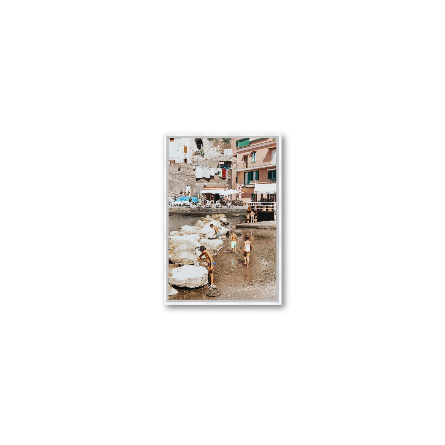 The Beachcombers Sorrento beach coastal wall art Small fine art canvas in white float frame