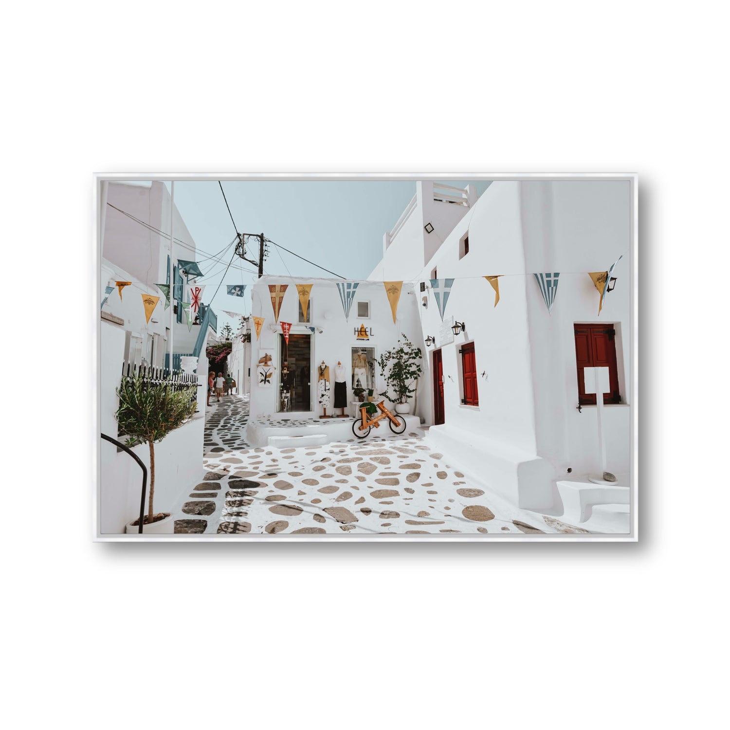 Cruising The Streets Mykonos Greek island wall art Gallery fine art canvas in white float frame