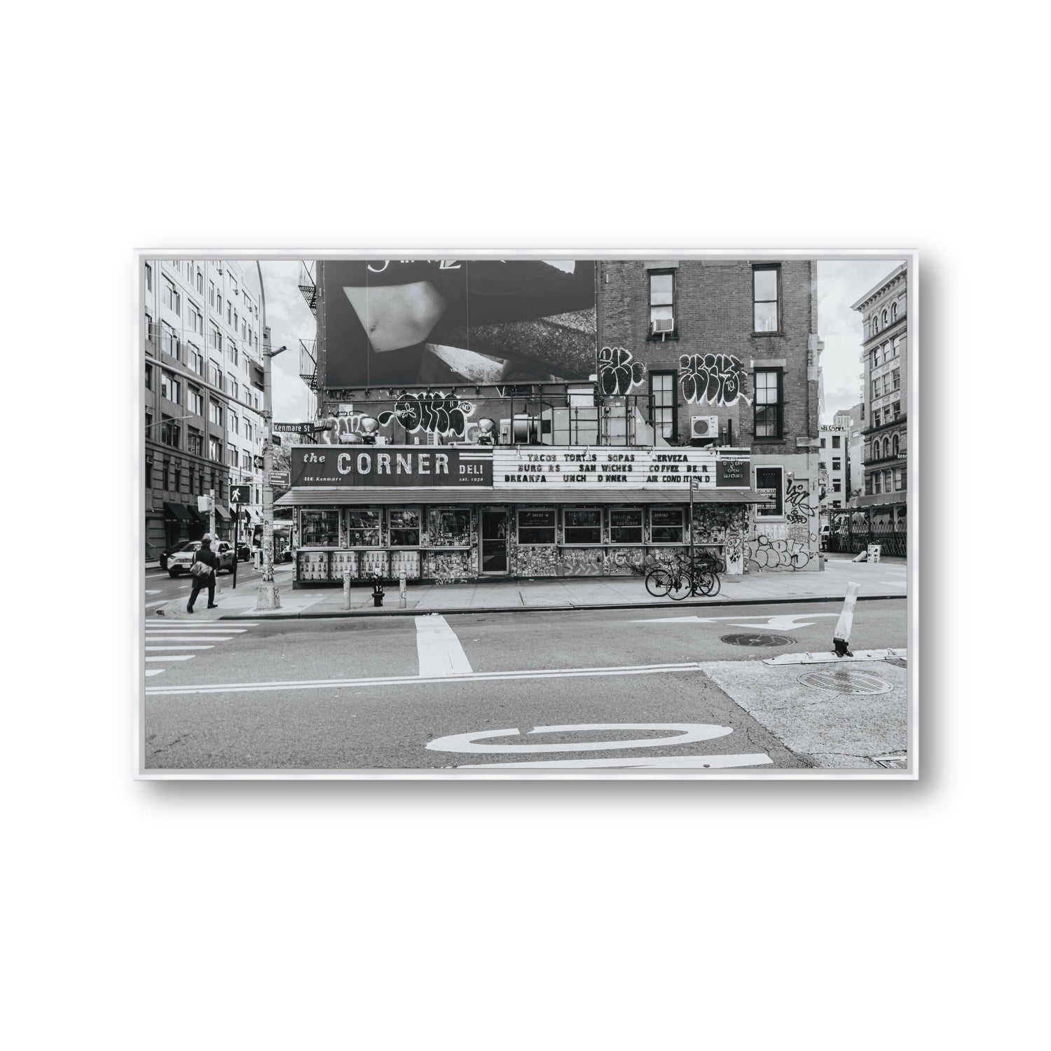 Kenmare Street New York NYC Black & White wall art Gallery fine art canvas in white float frame