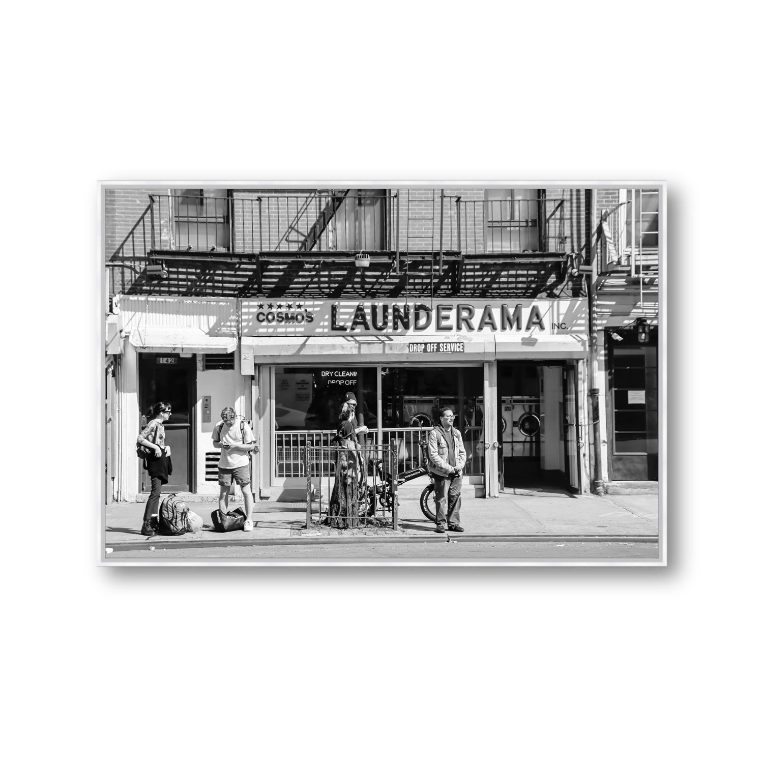 Launderama New York NYC Black & White wall art Gallery fine art canvas in white float frame