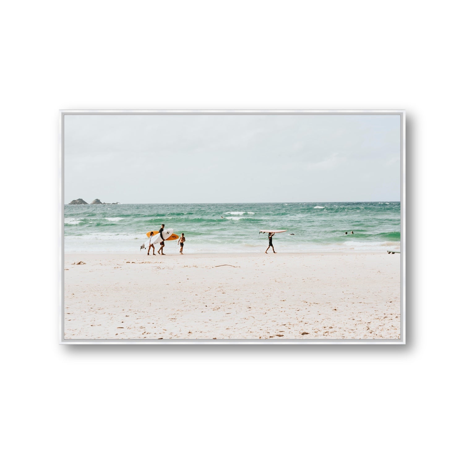 La Famiglia Byron Bay Family Surf coastal wall art Gallery fine art canvas in white float frame