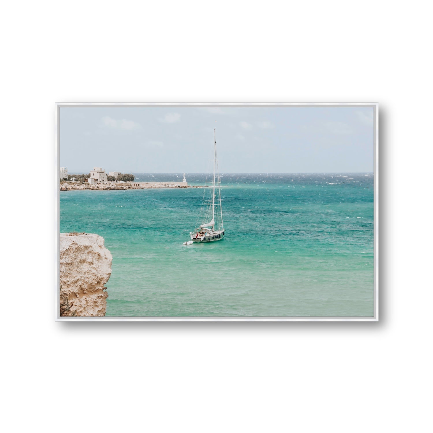 Adriatic Escape Puglia Italian coastal decor wall art Gallery fine art canvas in white float frame