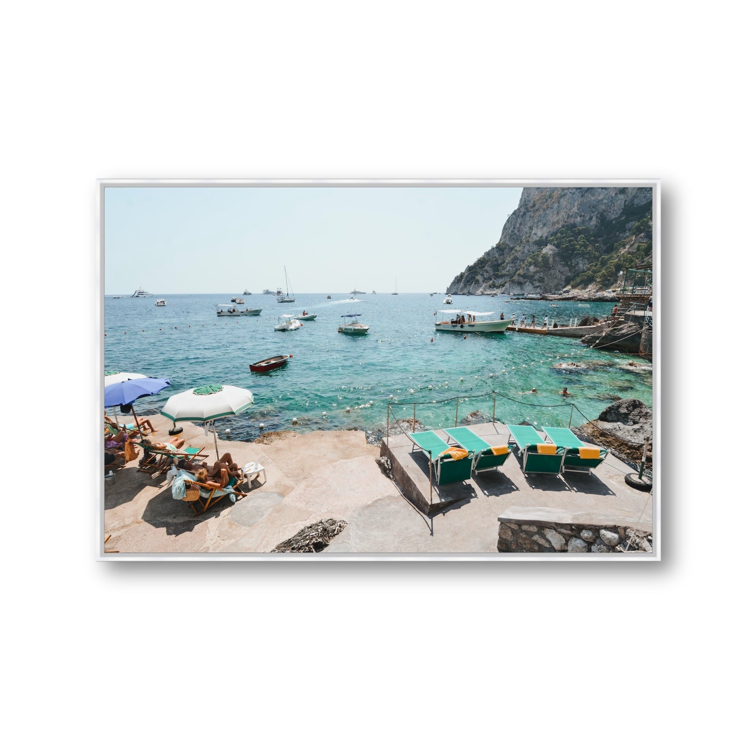 Save Me A Seat Capri Mediterranean wall art Gallery fine art canvas in white float frame