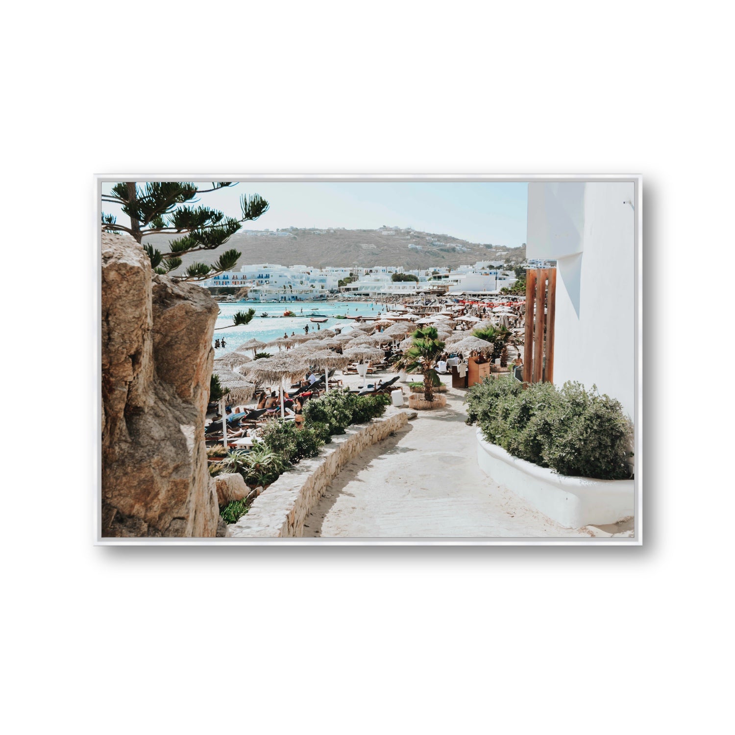 Kalimera Mykonos Greek island wall art Gallery fine art canvas in white float frame