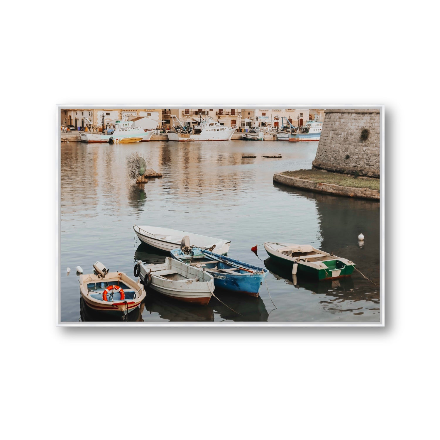 Cinque Barche Puglia Gallipoli Italian art print Gallery fine art canvas in white float frame