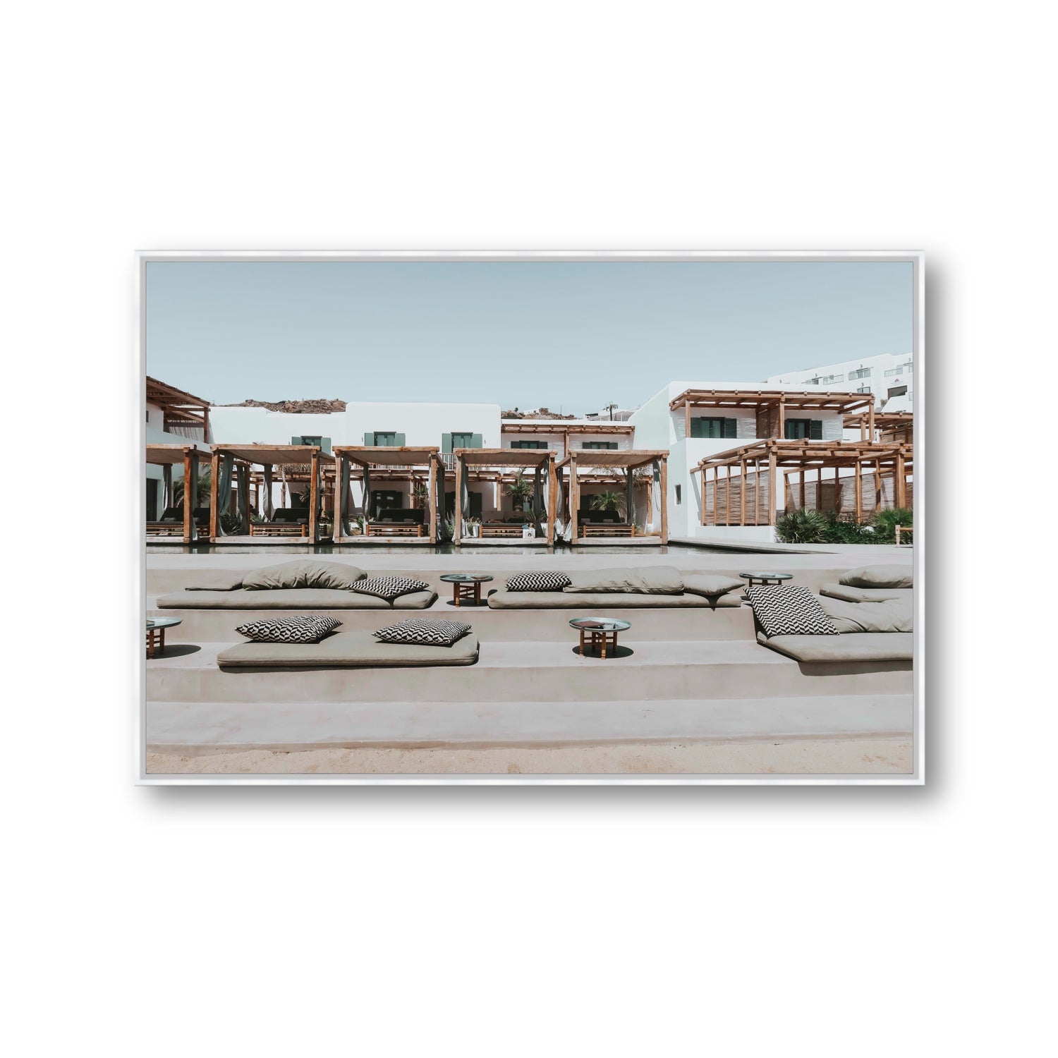 Platis Gialos fine art print, Mykonos, Greece, Gallery, White Float Frame, Fine Art Canvas
