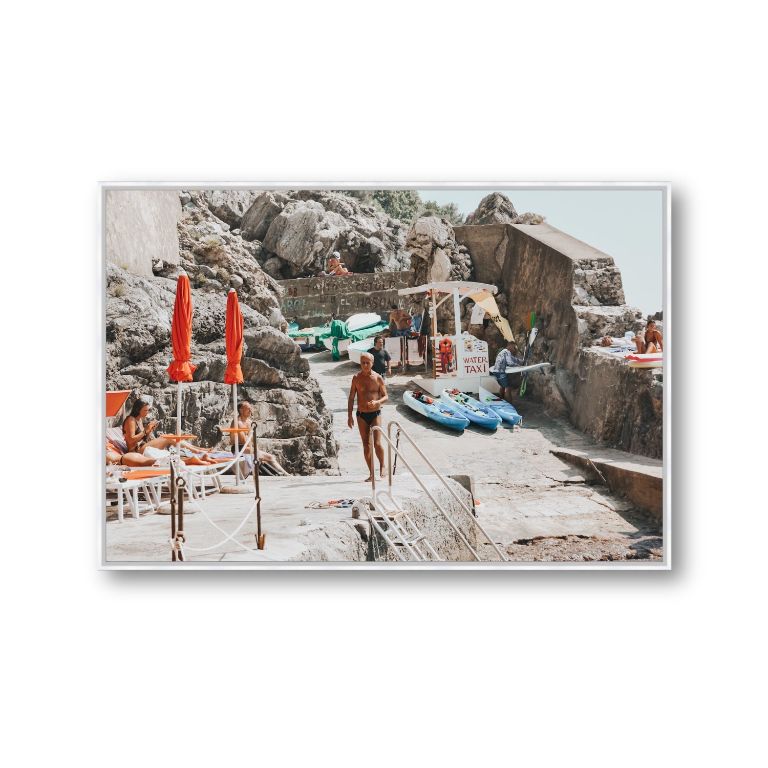 The Local Praiano Amalfi Coast Mediterranean wall art Gallery fine art canvas in white float frame