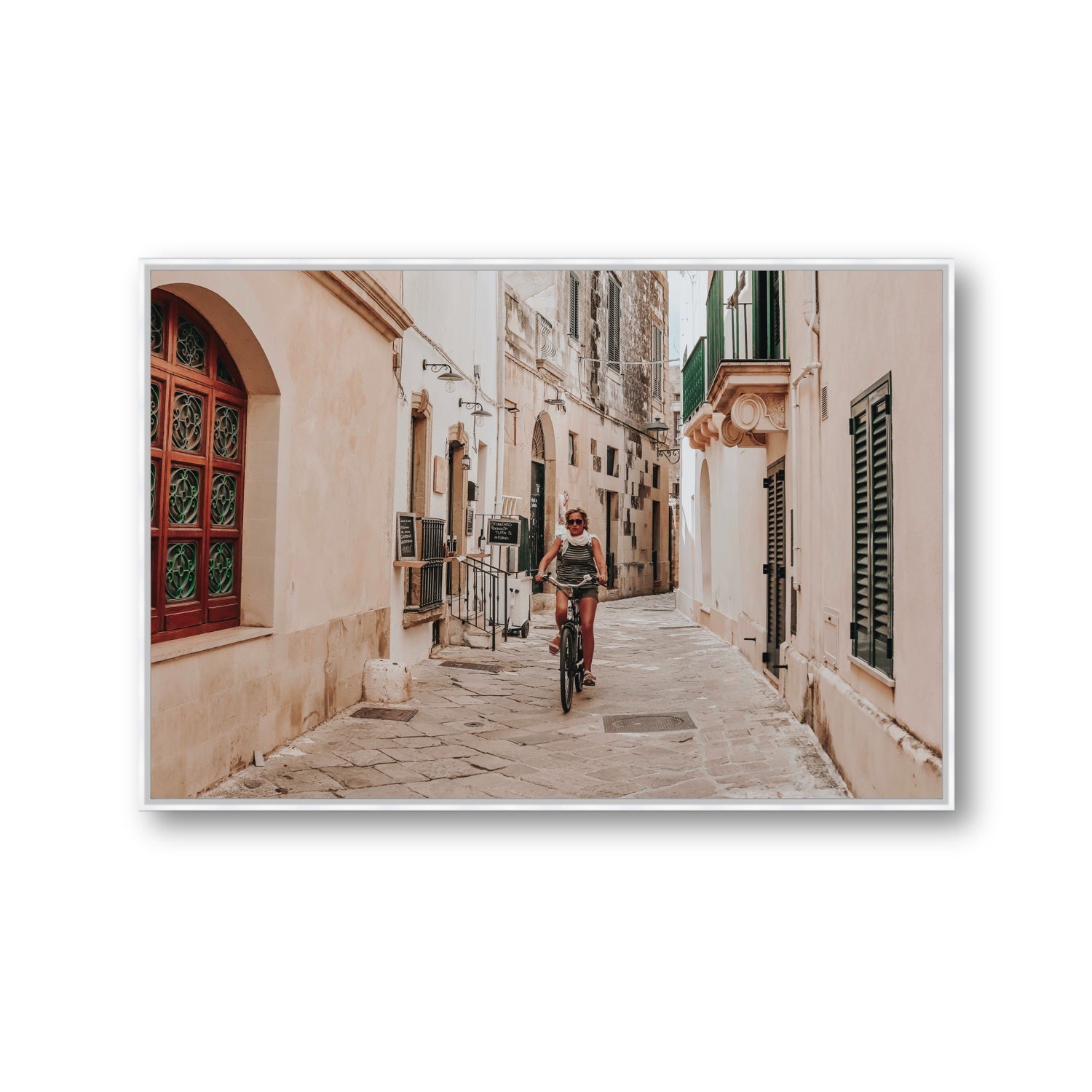 La Donna In Bicicletta Puglia Wall Italian fine art print Gallery fine art canvas in white float frame