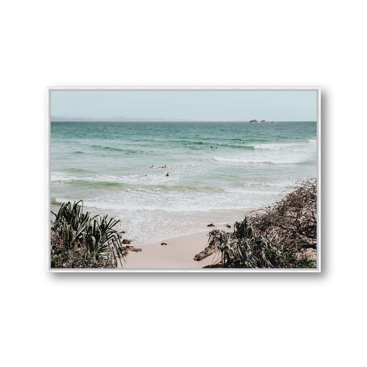 Surf City Byron Bay Surf coastal wall art Gallery fine art canvas in white float frame