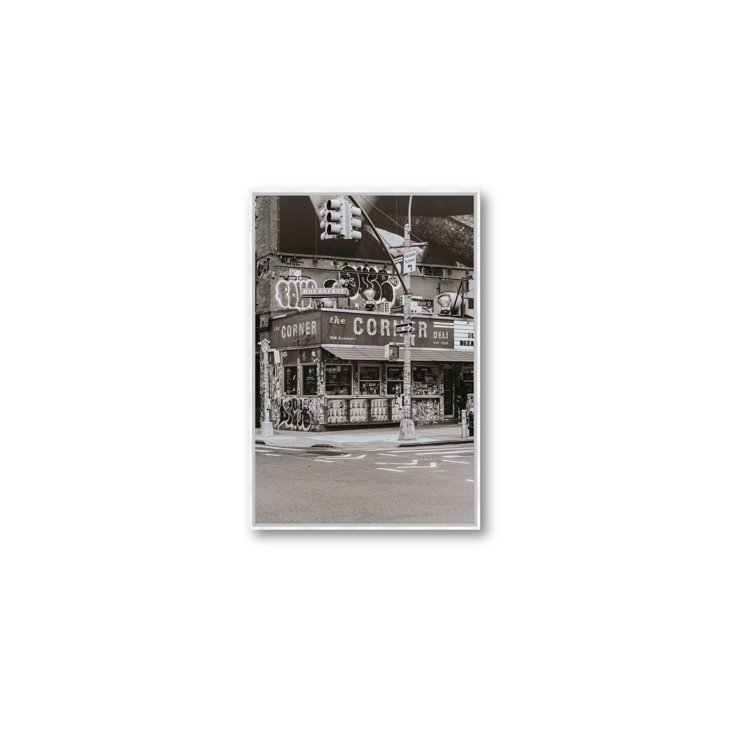 Soho Deli New York NYC Black & White wall art Medium fine art canvas in white float frame