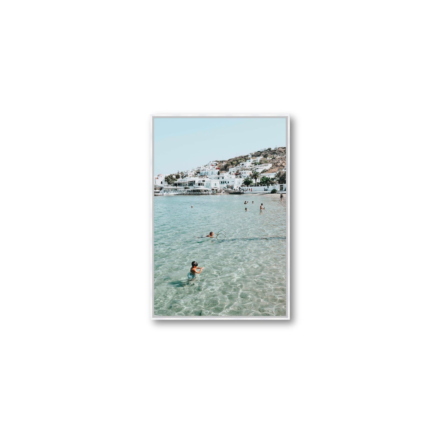 Beside The Seaside Mykonos beach Greek island wall art Medium fine art canvas in white float frame