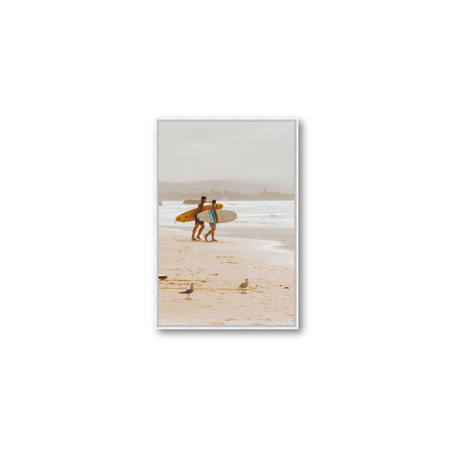 Shane & Benji Byron Bay Surf coastal wall art Medium fine art canvas in white float frame