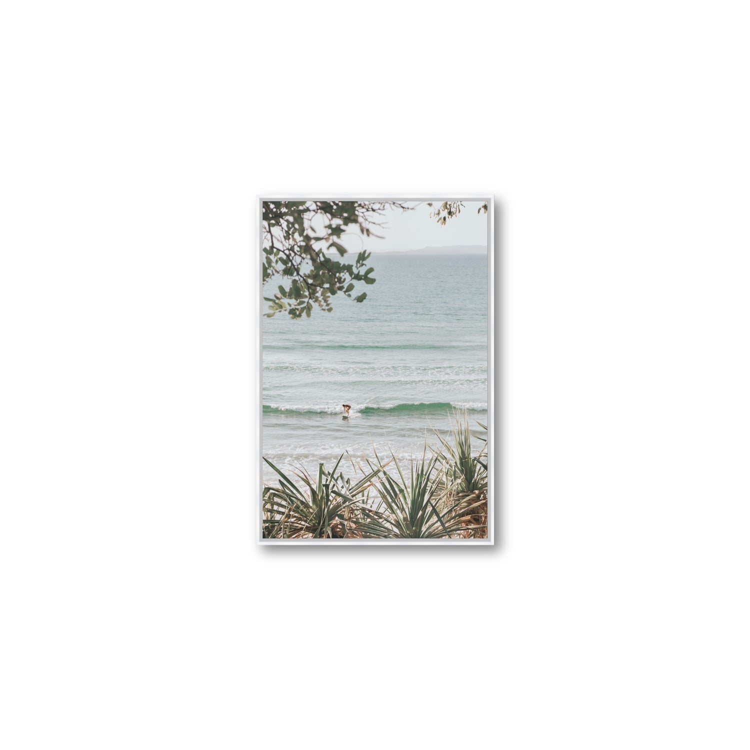 Dream Boat fine art print, Noosa, Australia, coastal scenes artwork, Medium, White Float Frame, Fine Art Canvas