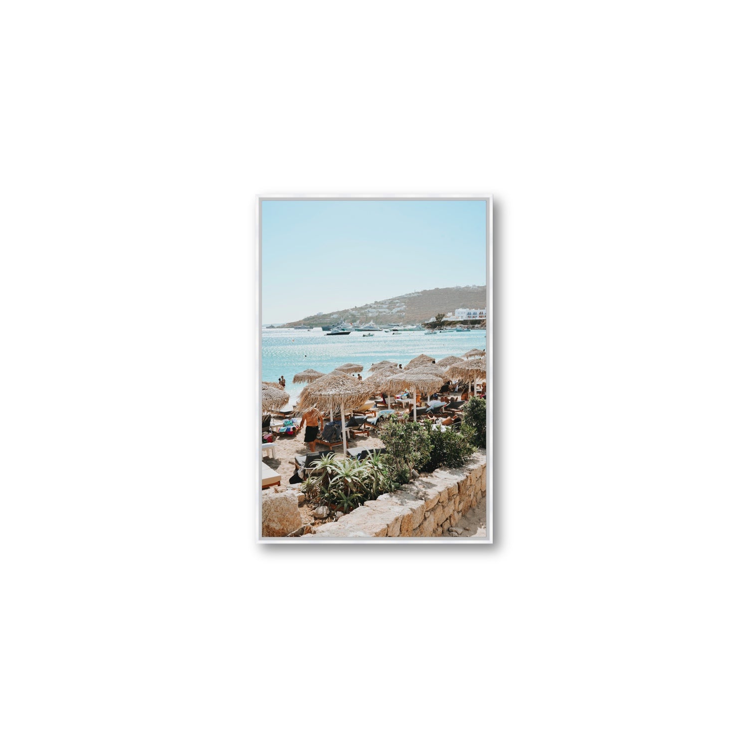 Beachside Huts Mykonos Greek island wall art Medium fine art canvas in white float frame
