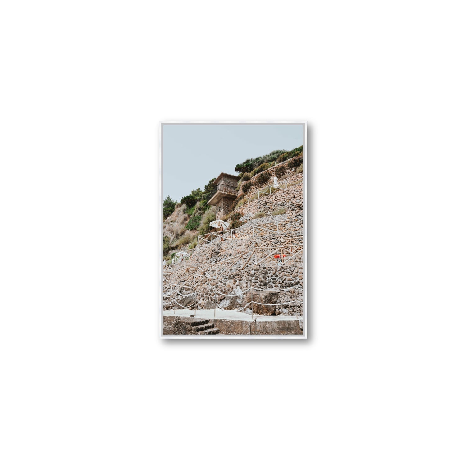 Solitude by the Sea Tuscany coastal Italian wall art Medium fine art canvas in white float frame