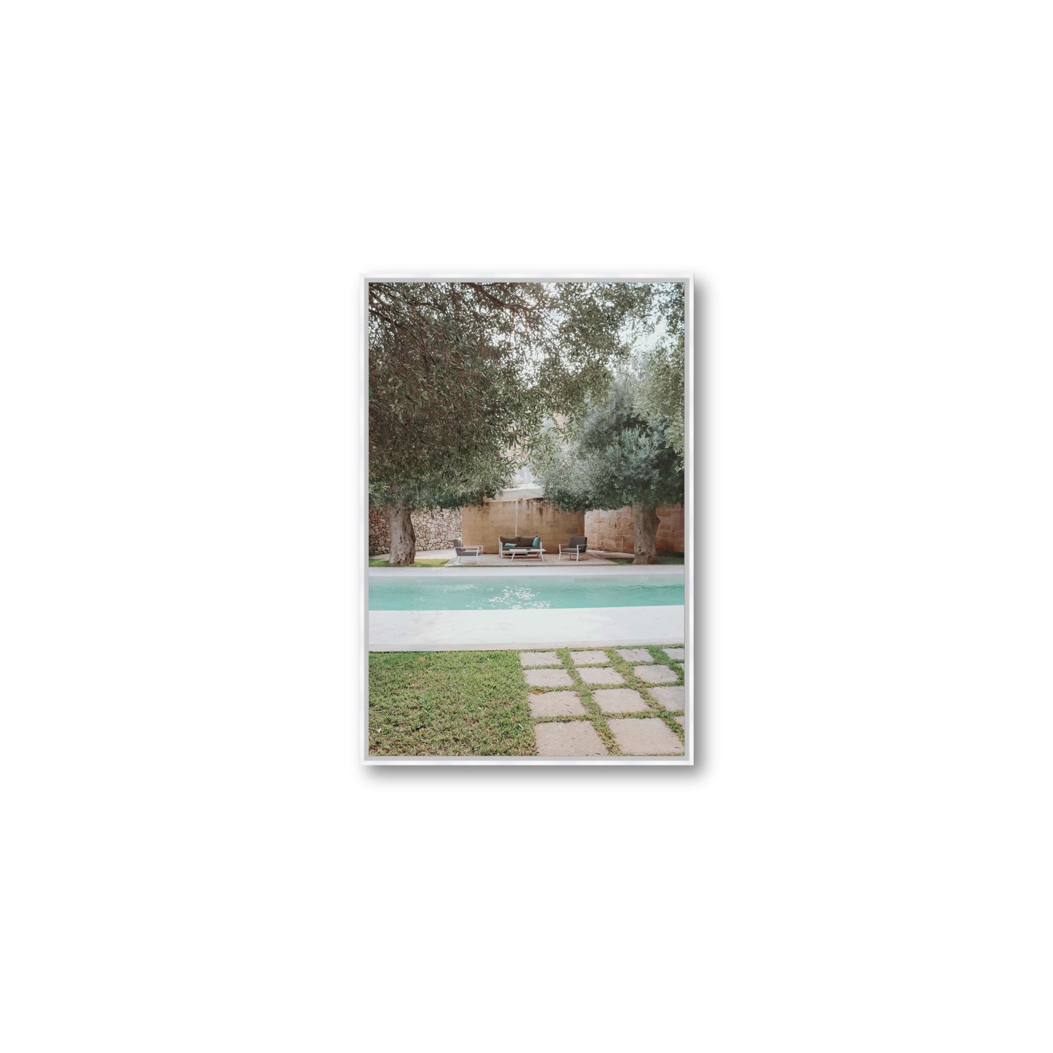 Idyllic Escape Puglia Mediterranean wall art Medium fine art canvas in white float frame