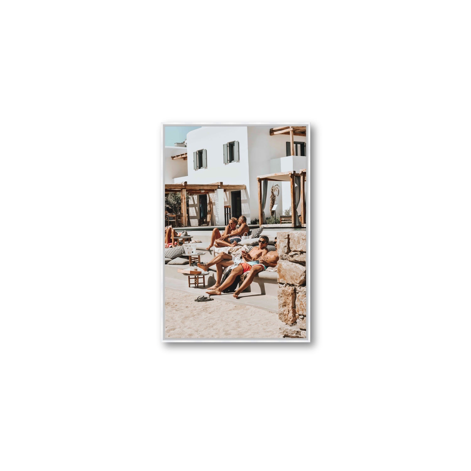 Style That Sizzles Mykonos Greek island wall art Medium fine art canvas in white float frame