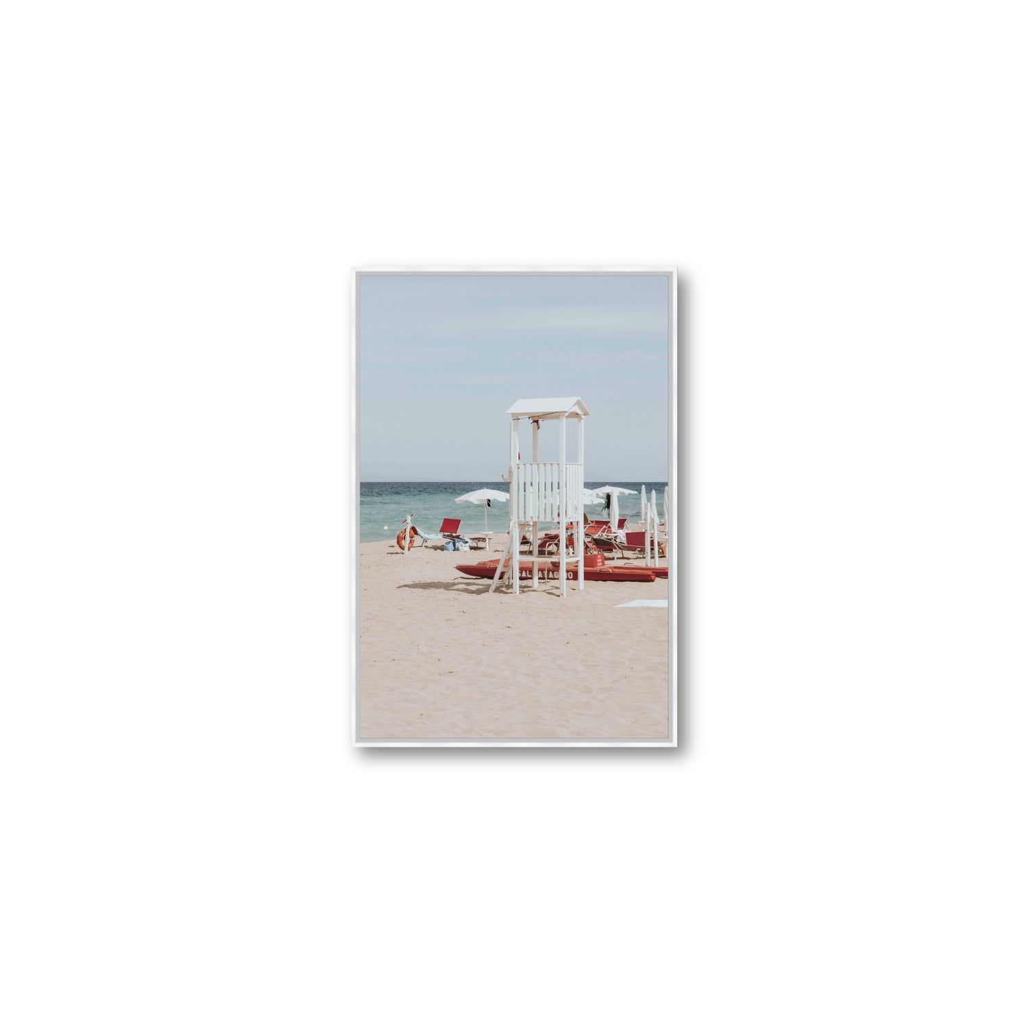 Barefoot Bliss Puglia beach Italian coastal decor wall art Medium fine art canvas in white float frame