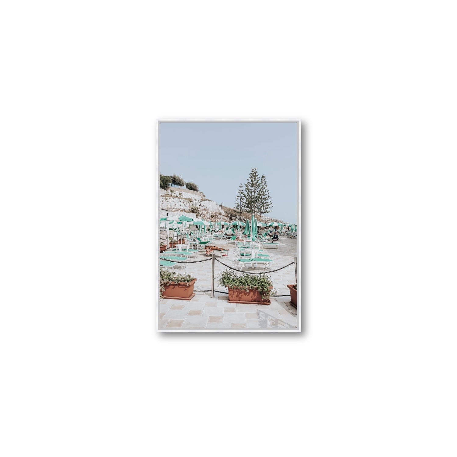 Siesta on The Terrace Puglia coastal wall art Medium fine art canvas in white float frame