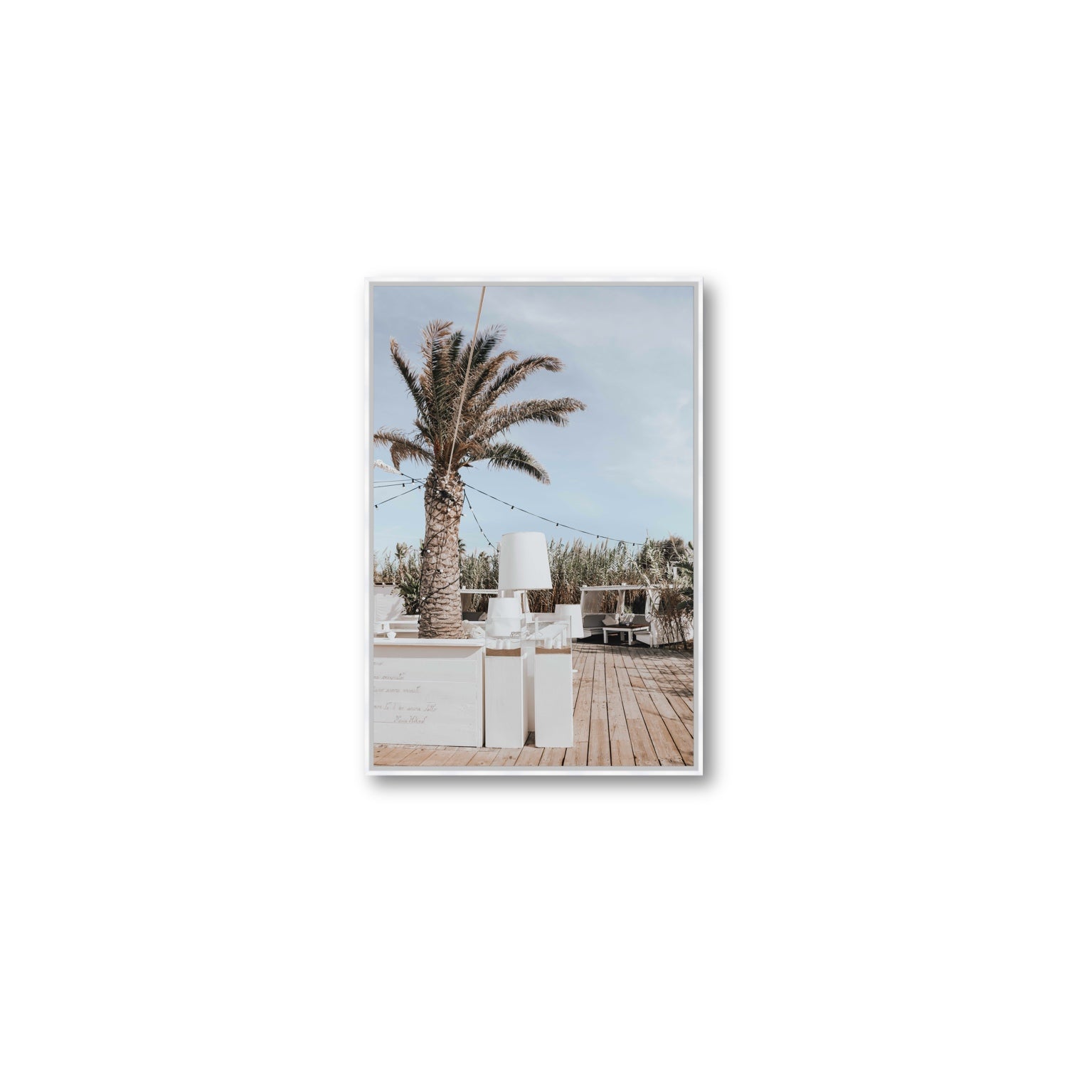 Seabreeze Palm Puglia coastal beach wall art Medium fine art canvas in white float frame