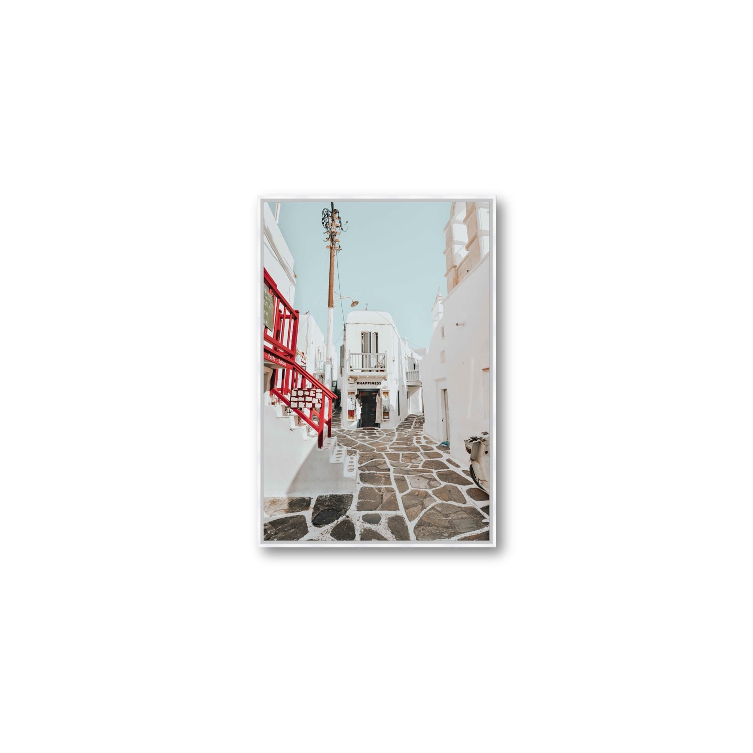 Happiness Mykonos Greek island wall art Medium fine art canvas in white float frame