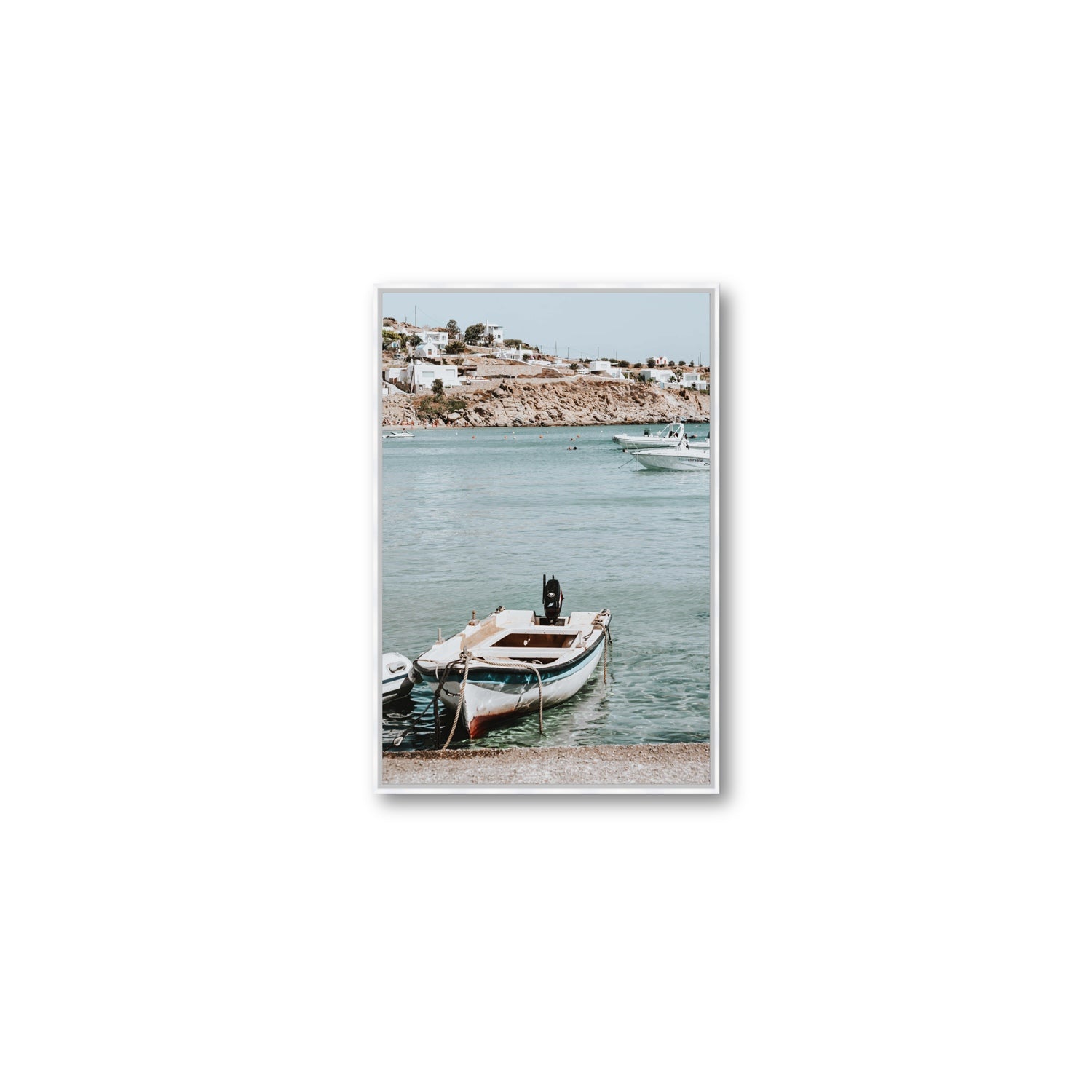 Classic Wheels Mykonos Greek island wall art Medium fine art canvas in white float frame