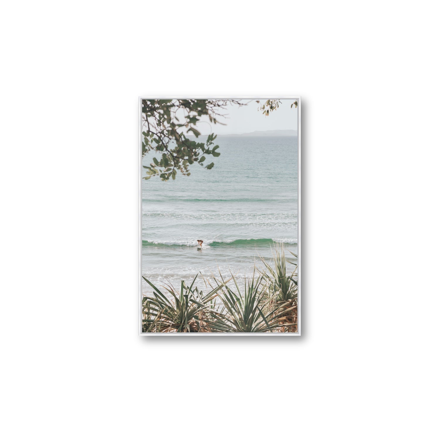 Dream Boat fine art print, Noosa, Australia, coastal scenes artwork, Large, White Float Frame, Fine Art Canvas