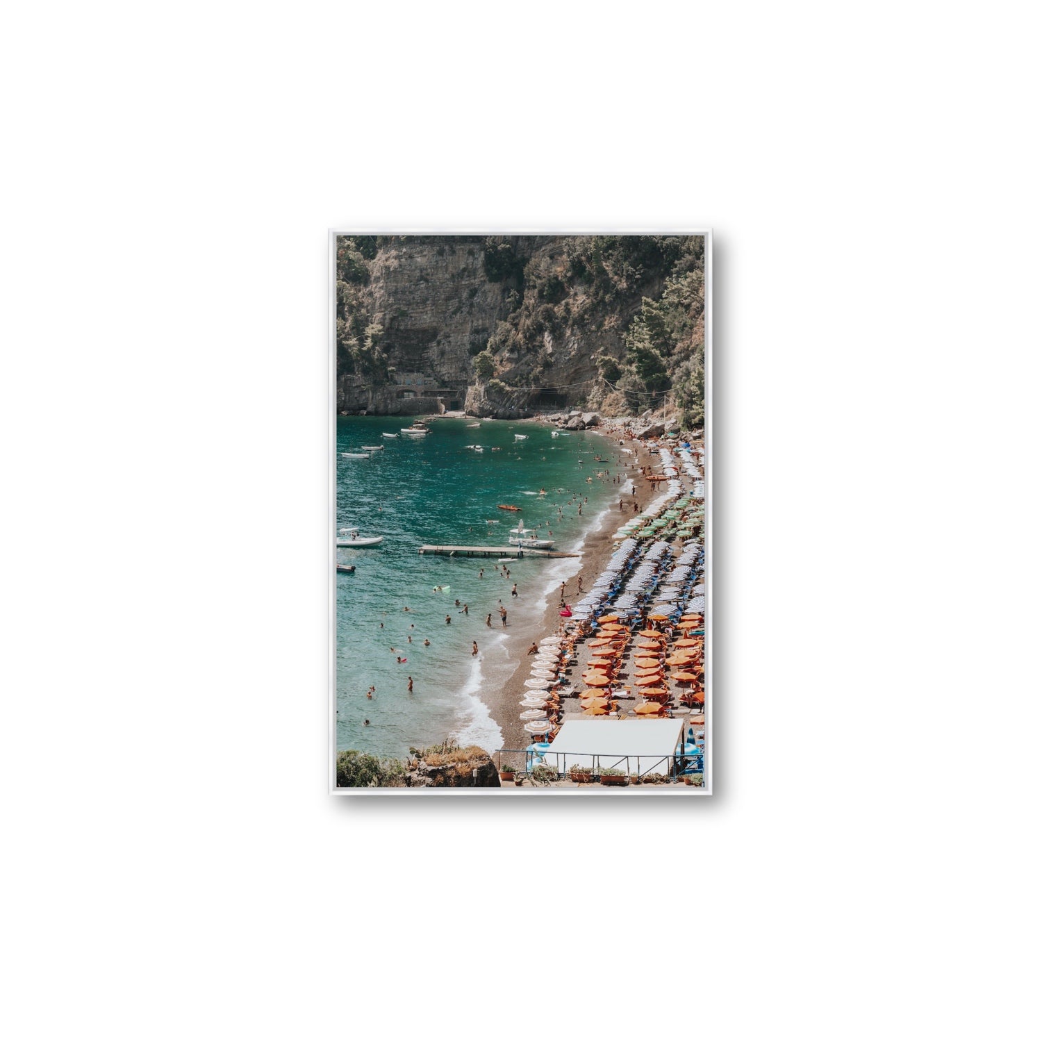 Parasol Panorama fine art print, Positano, Italy, Large, White Float Frame, Fine Art Canvas