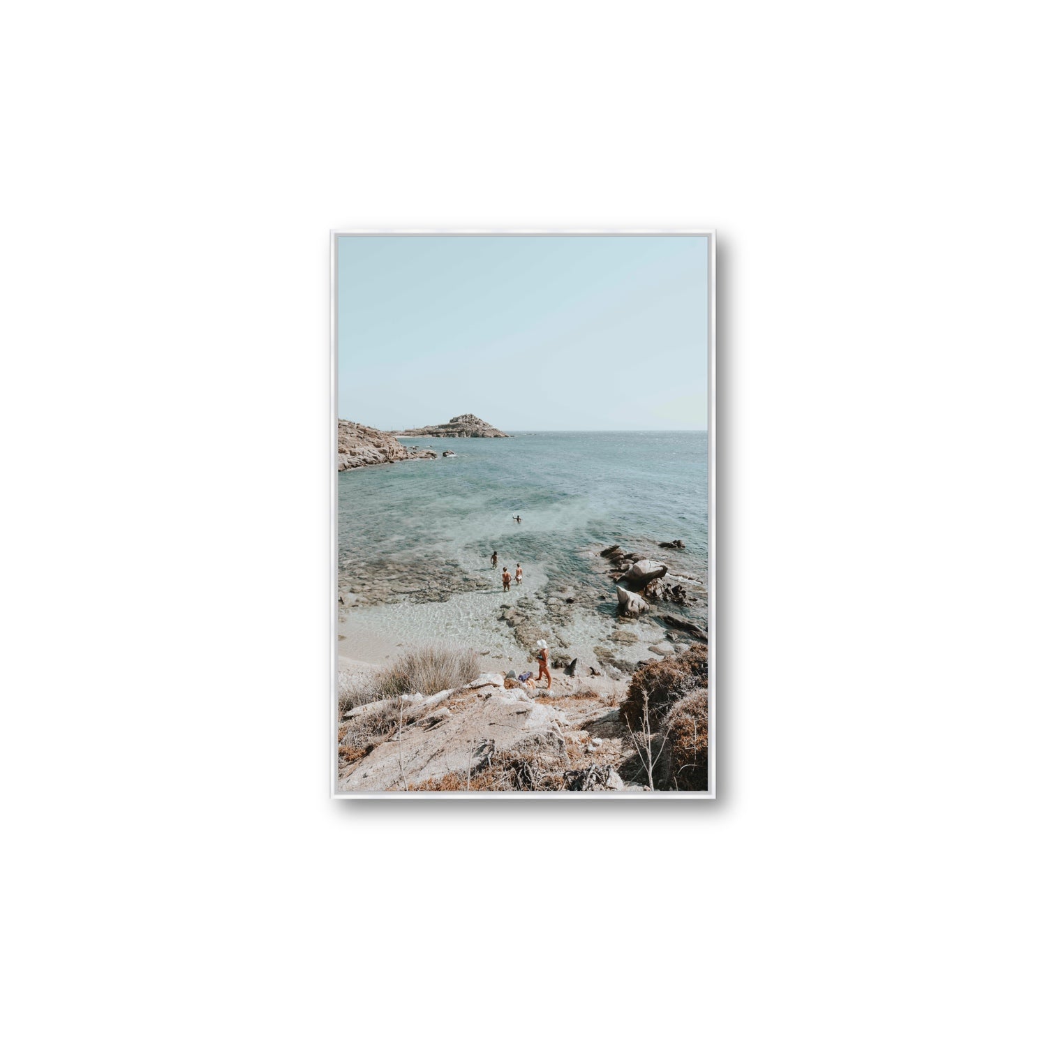 Explorers Mykonos Greek island wall art Large fine art canvas in white float frame