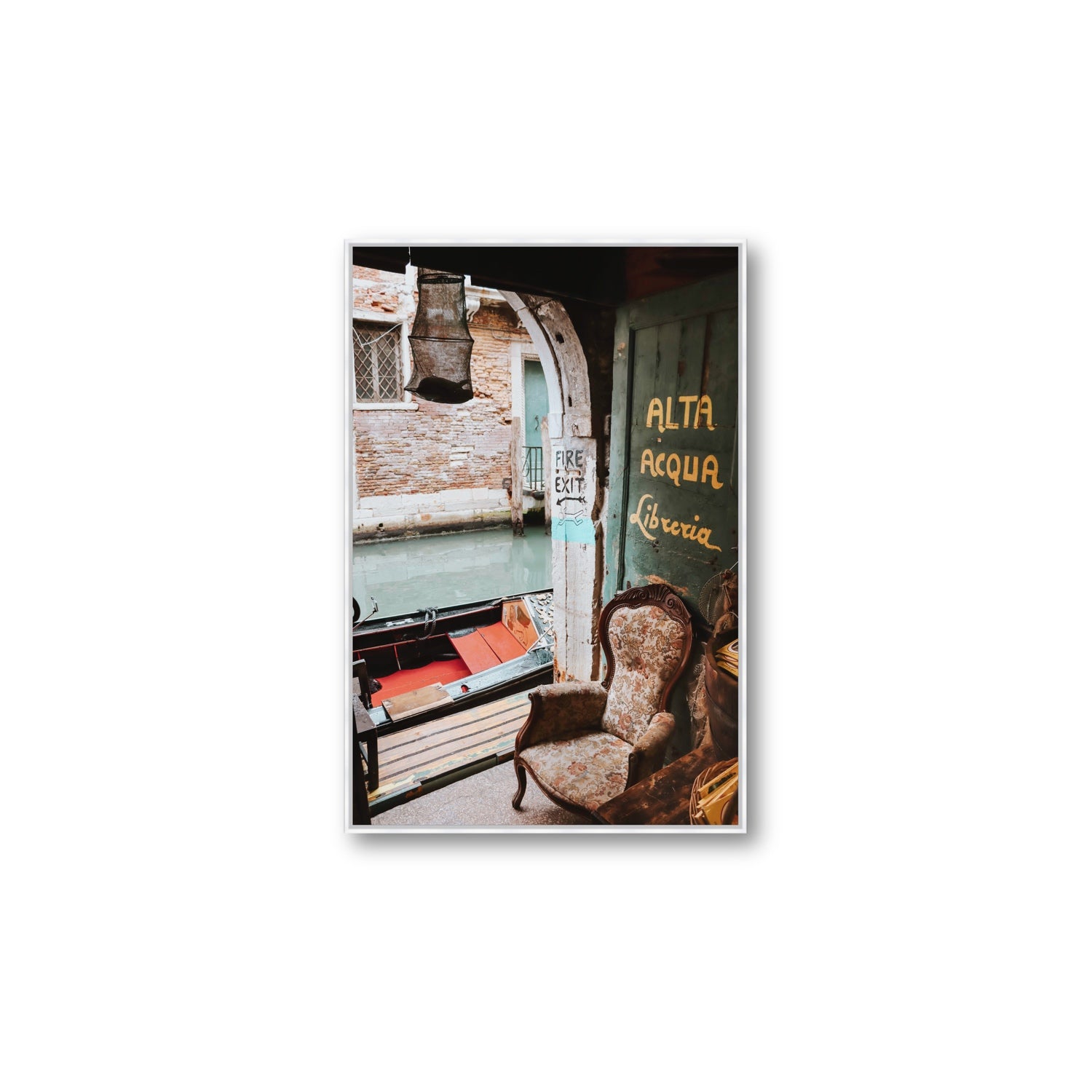 Alta Acqua Venice Bookstore wall art Large fine art canvas in white float frame