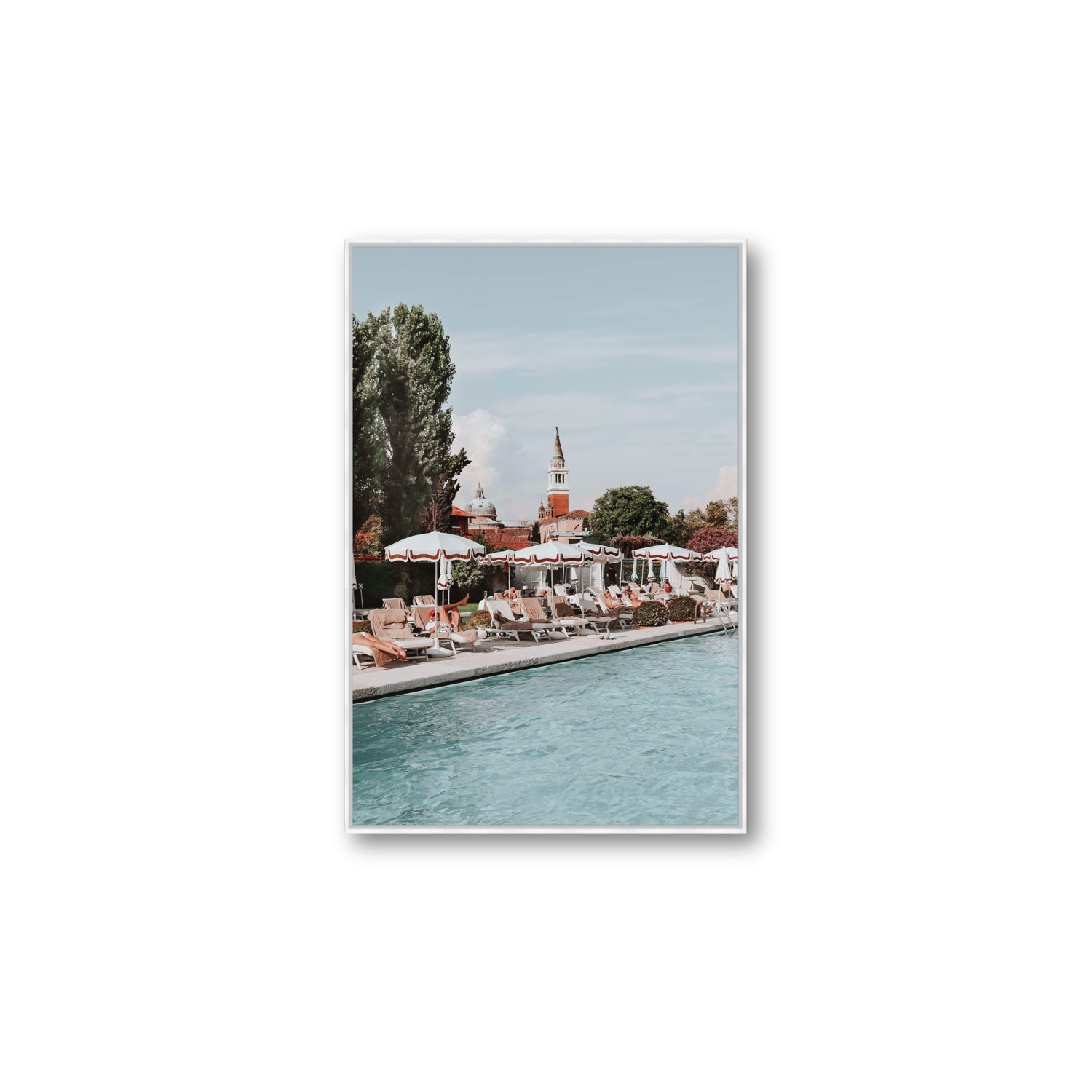 Poolside Perch Venice Italian wall art Large fine art canvas in white float frame