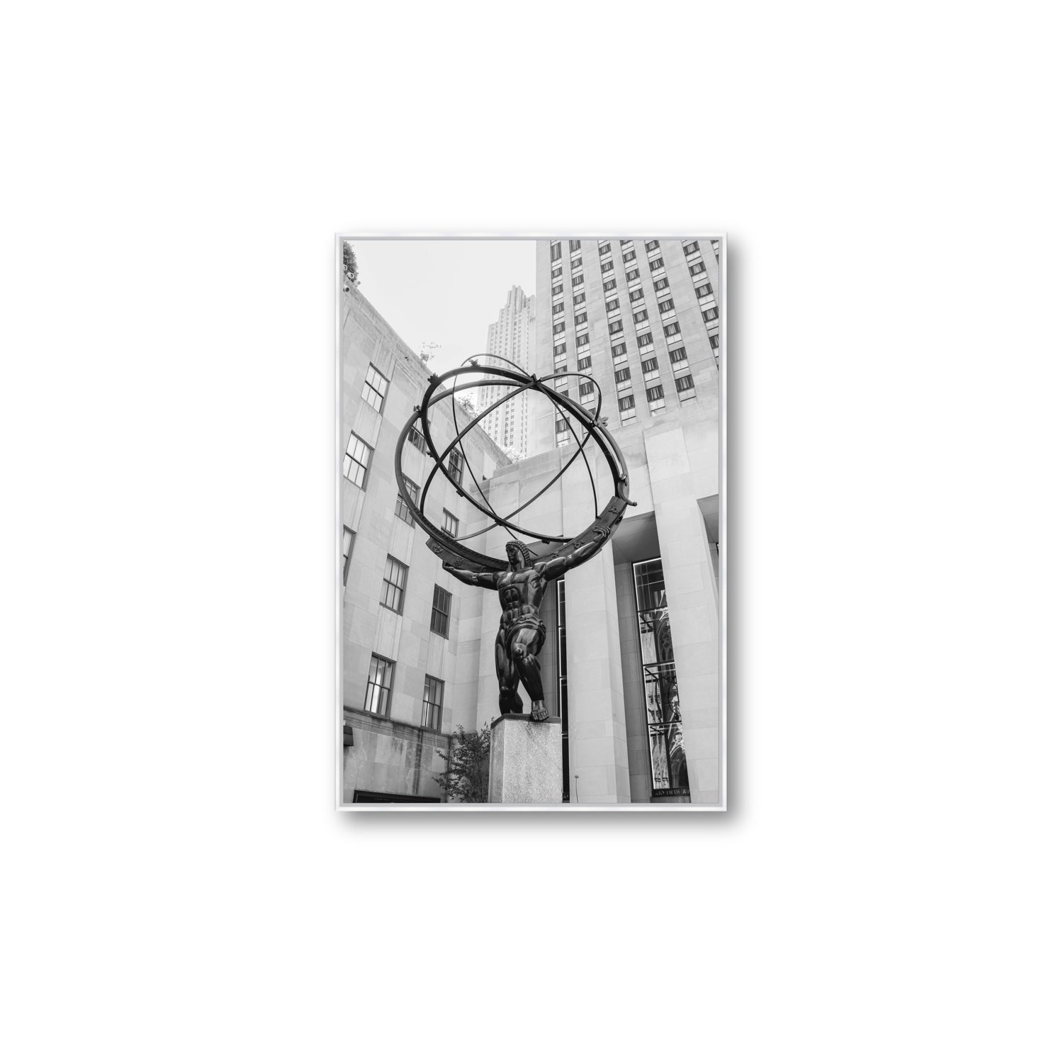 Atlas Ascends New York NYC Black & White wall art Large fine art canvas in white float frame