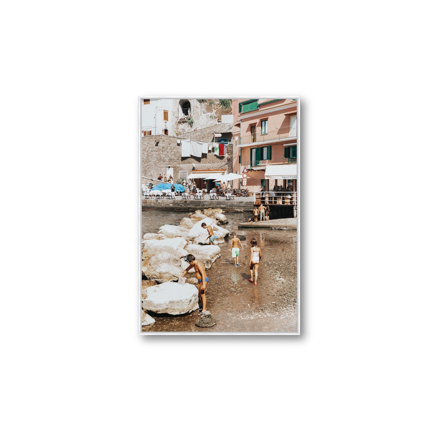 The Beachcombers Sorrento beach coastal wall art Large fine art canvas in white float frame