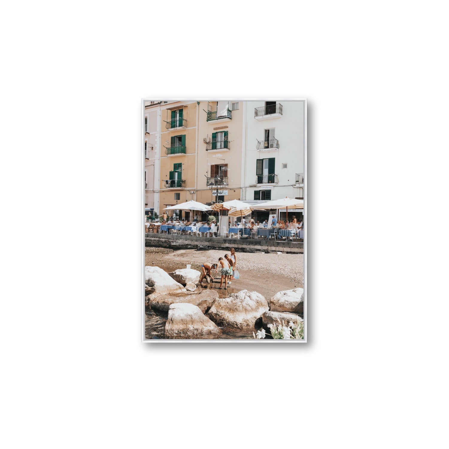 Sunny Playtime Sorrento coastal wall art Large fine art canvas in white float frame