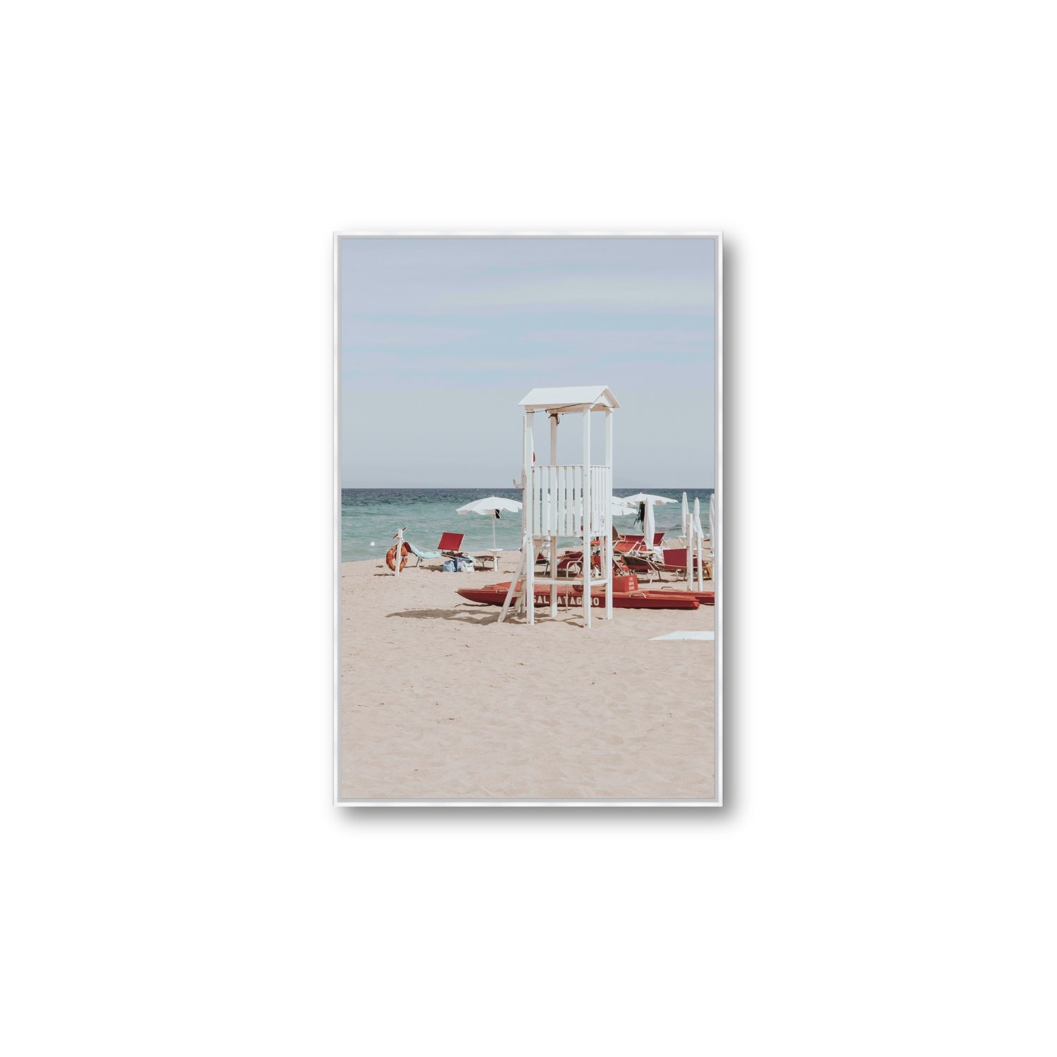 Barefoot Bliss Puglia beach Italian coastal decor wall art Large fine art canvas in white float frame