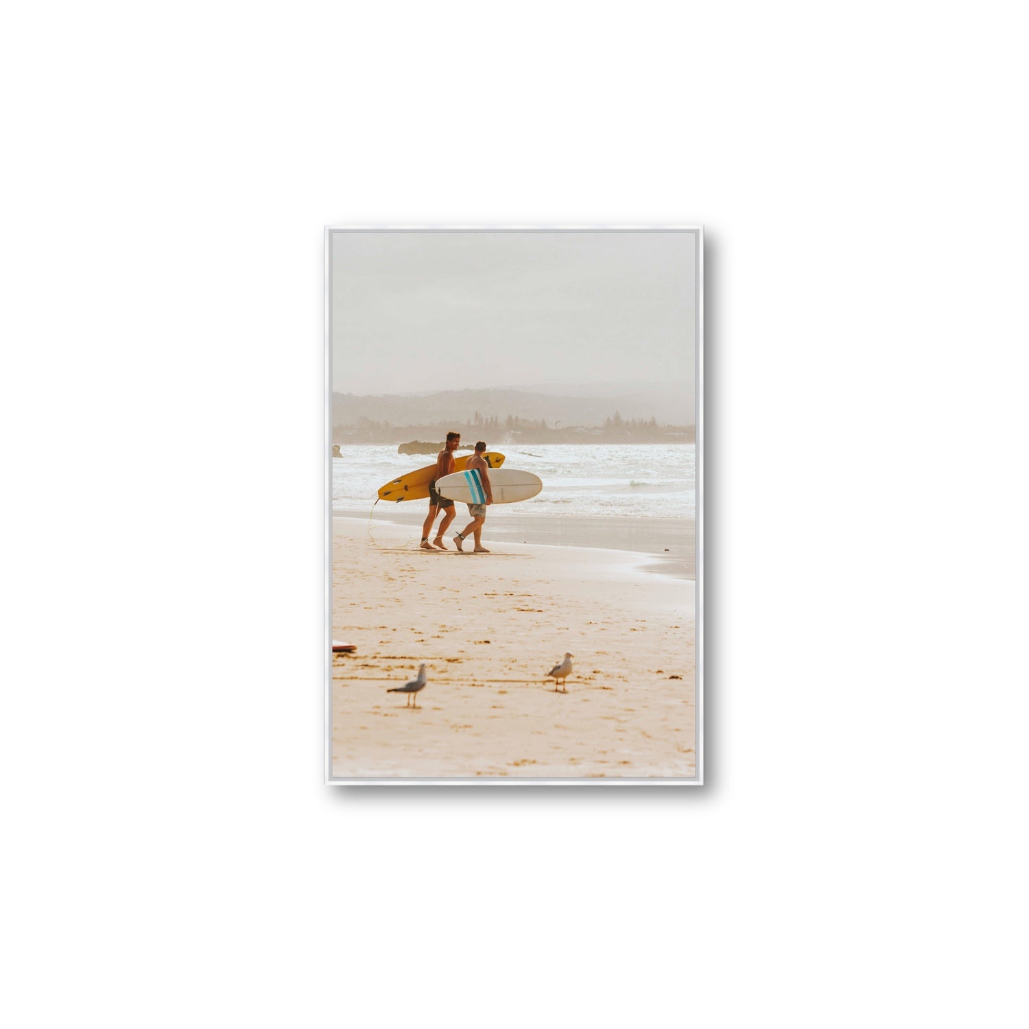 Shane & Benji Byron Bay Surf coastal wall art Large fine art canvas in white float frame