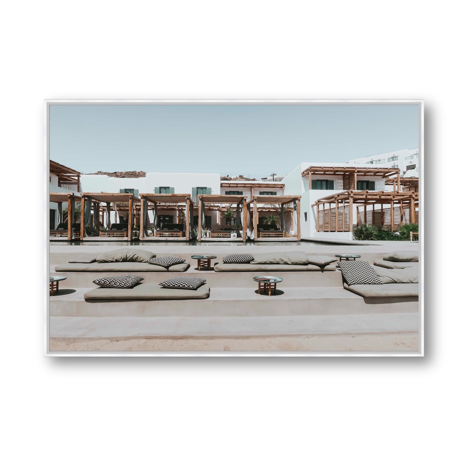 Platis Gialos fine art print, Mykonos, Greece, Statement, White Float Frame, Fine Art Canvas