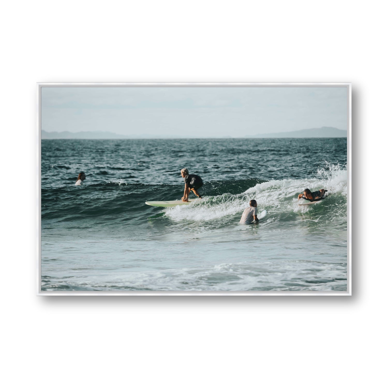 The Boys of Summer Byron Bay Surf coastal wall art Statement fine art canvas in white float frame