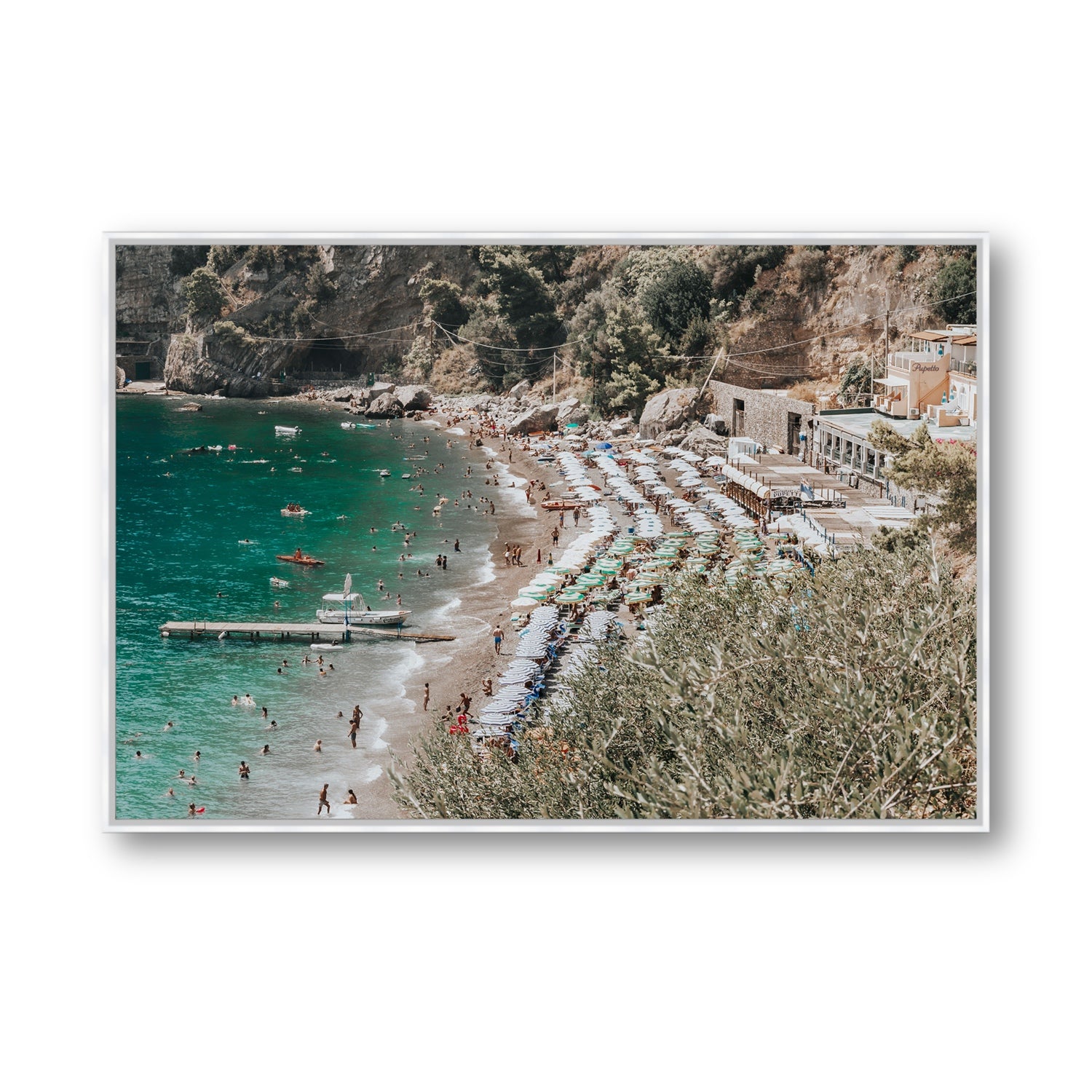 Fornillo Beach fine art print, Positano, Italy, Statement, White Float Frame, Fine Art Canvas