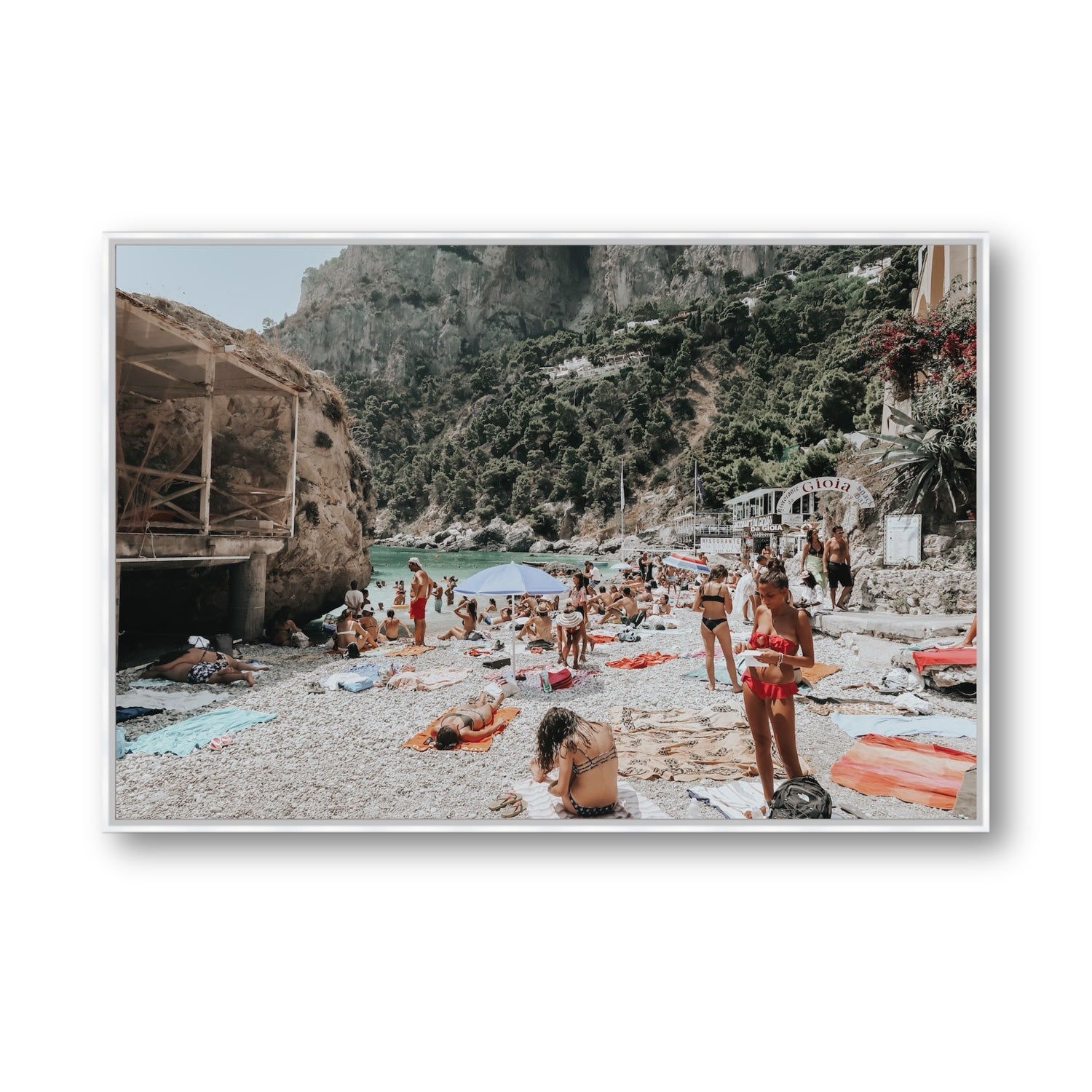 Spiaggia Da Gioia Capri beach coastal wall art Statement fine art canvas in white float frame