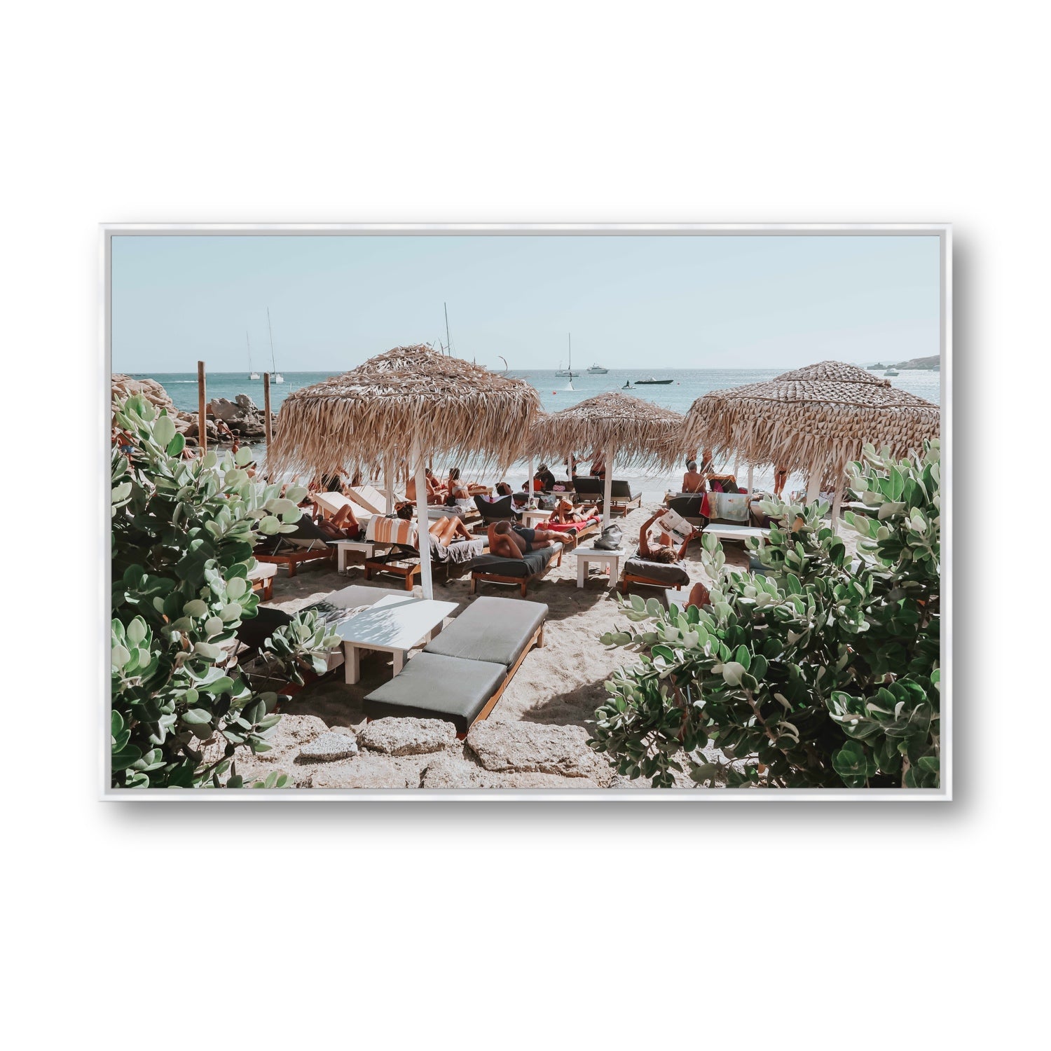 Greek Haven Mykonos Greek island coastal wall art Statement fine art canvas in white float frame