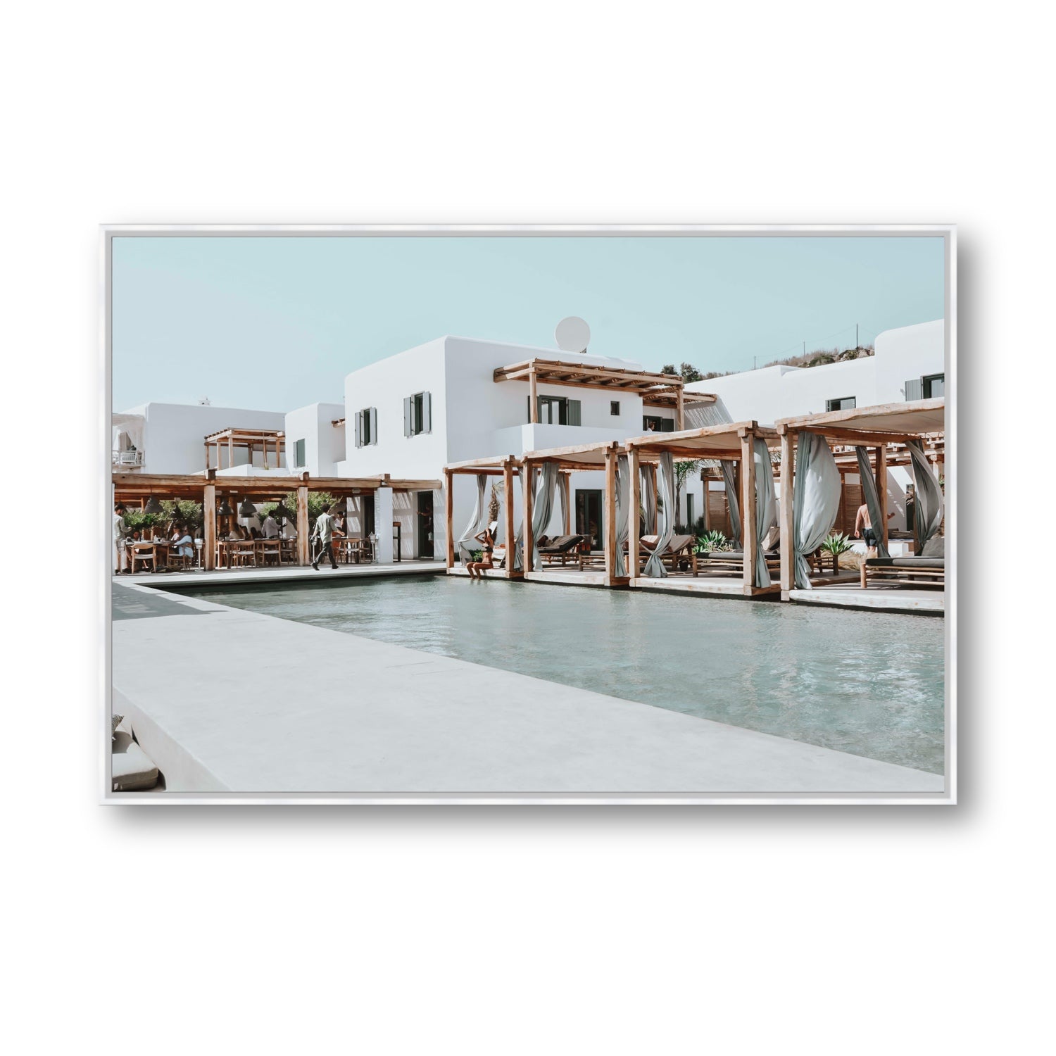 Polytelís Mykonos Greek island wall art Statement fine art canvas in white float frame
