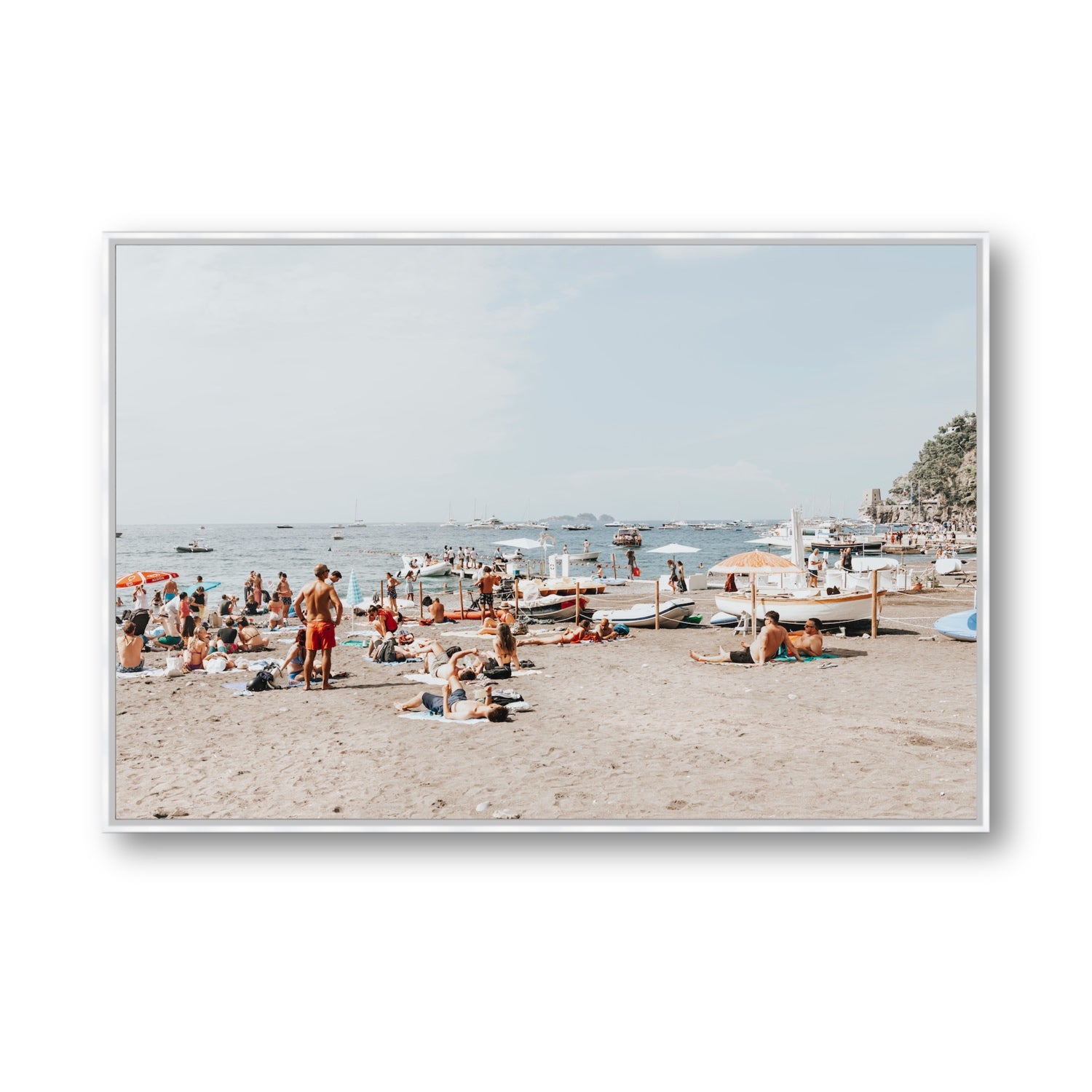 Beachy Vibes fine art print, Positano, Italy, Statement, White Float Frame, Fine Art Canvas